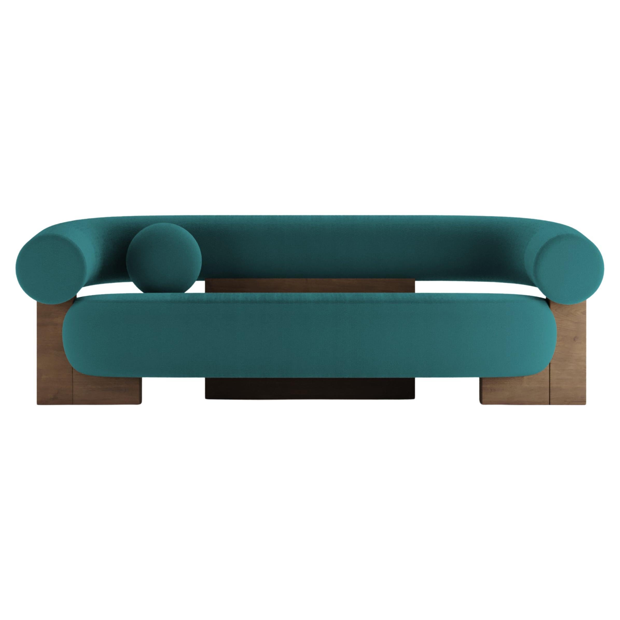 Contemporary Modern Cassete Sofa in Boucle Blue & Wood by Collector Studio For Sale