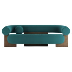 Contemporary Modern Cassete Sofa in Boucle Blue & Wood by Collector Studio