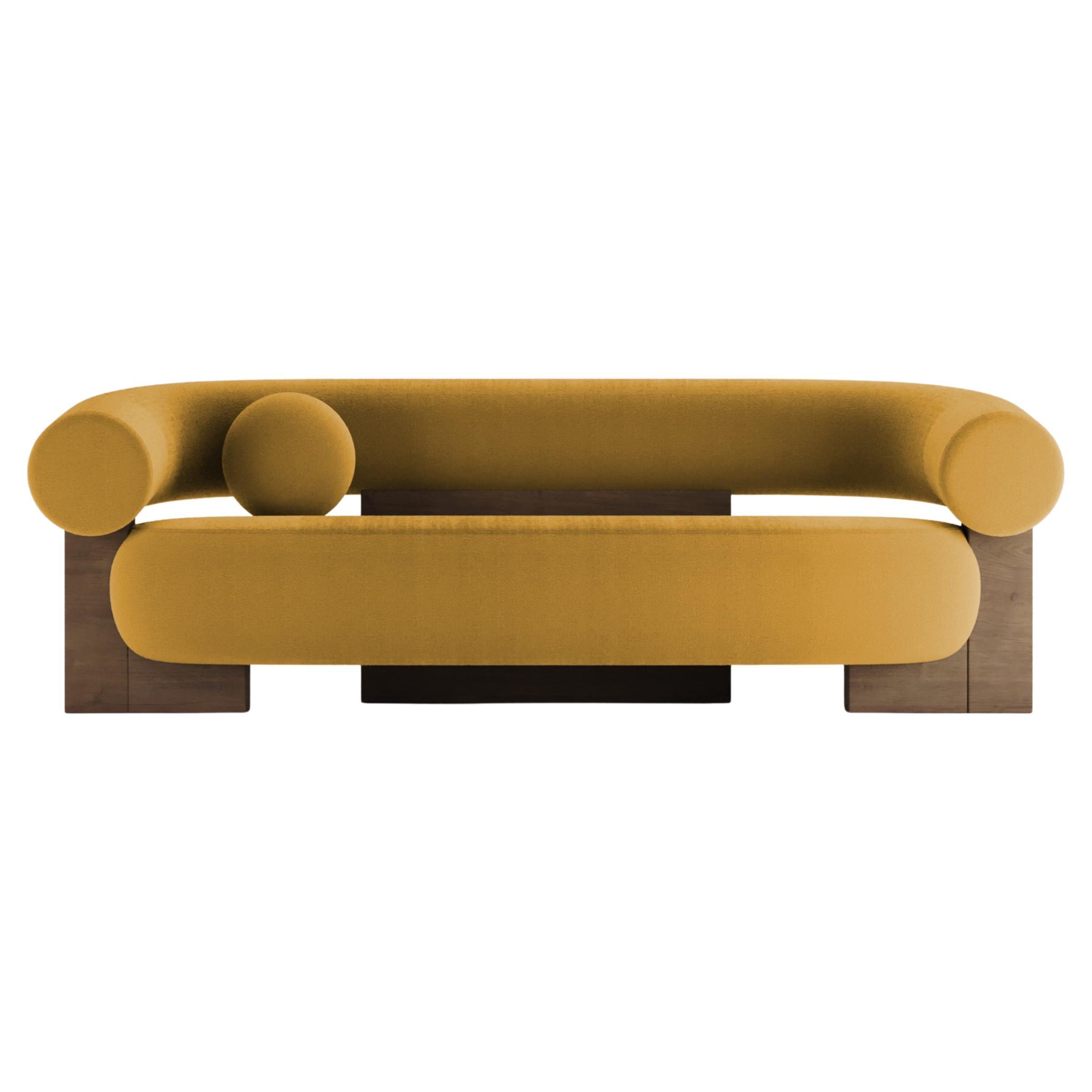 Zeitgenössisches modernes Cassete-Sofa aus Boucle-Senf und Holz von Collector Studio im Angebot