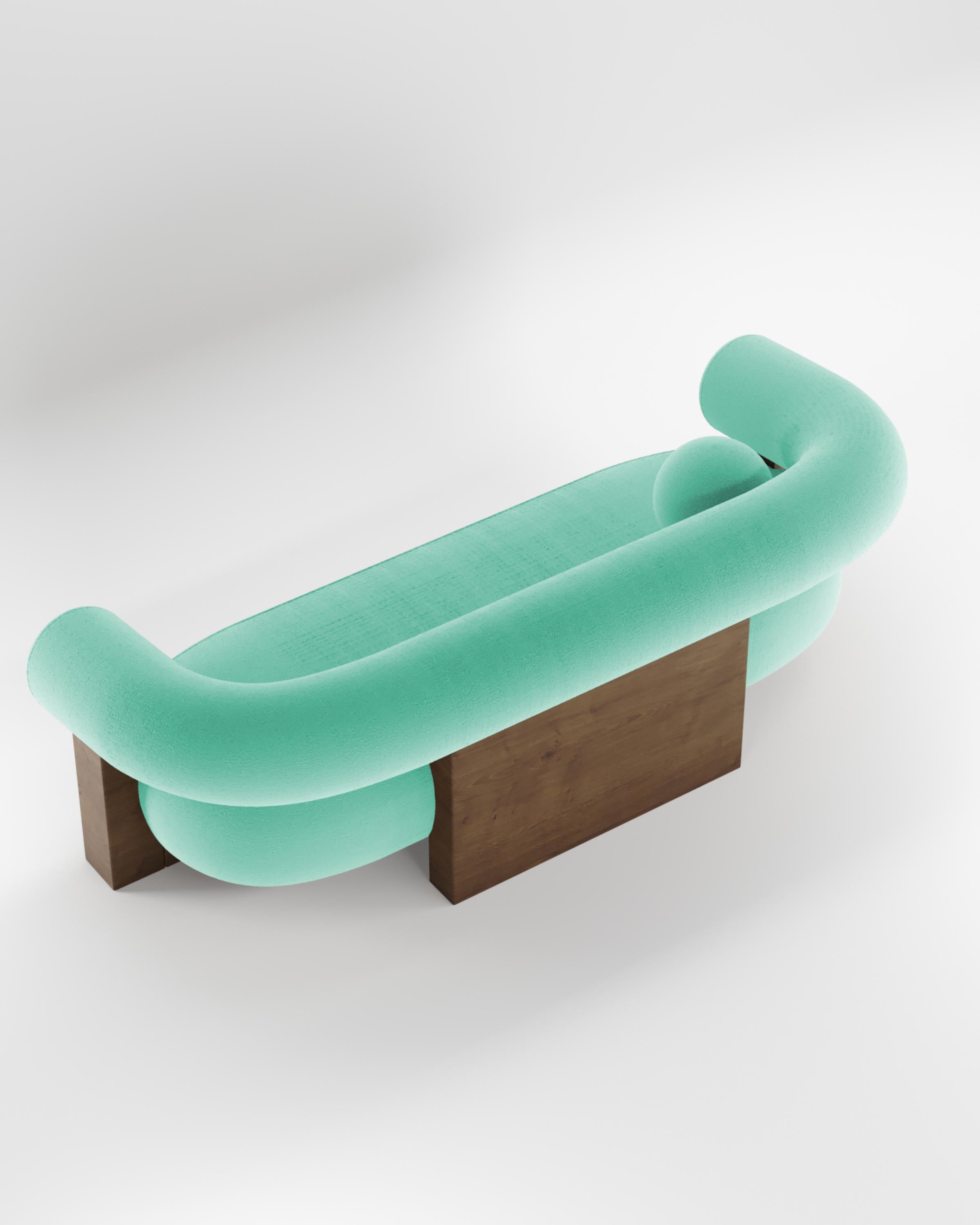 Zeitgenössisches modernes Cassete-Sofa aus Boucle-Teal und Holz von Collector Studio (21. Jahrhundert und zeitgenössisch) im Angebot