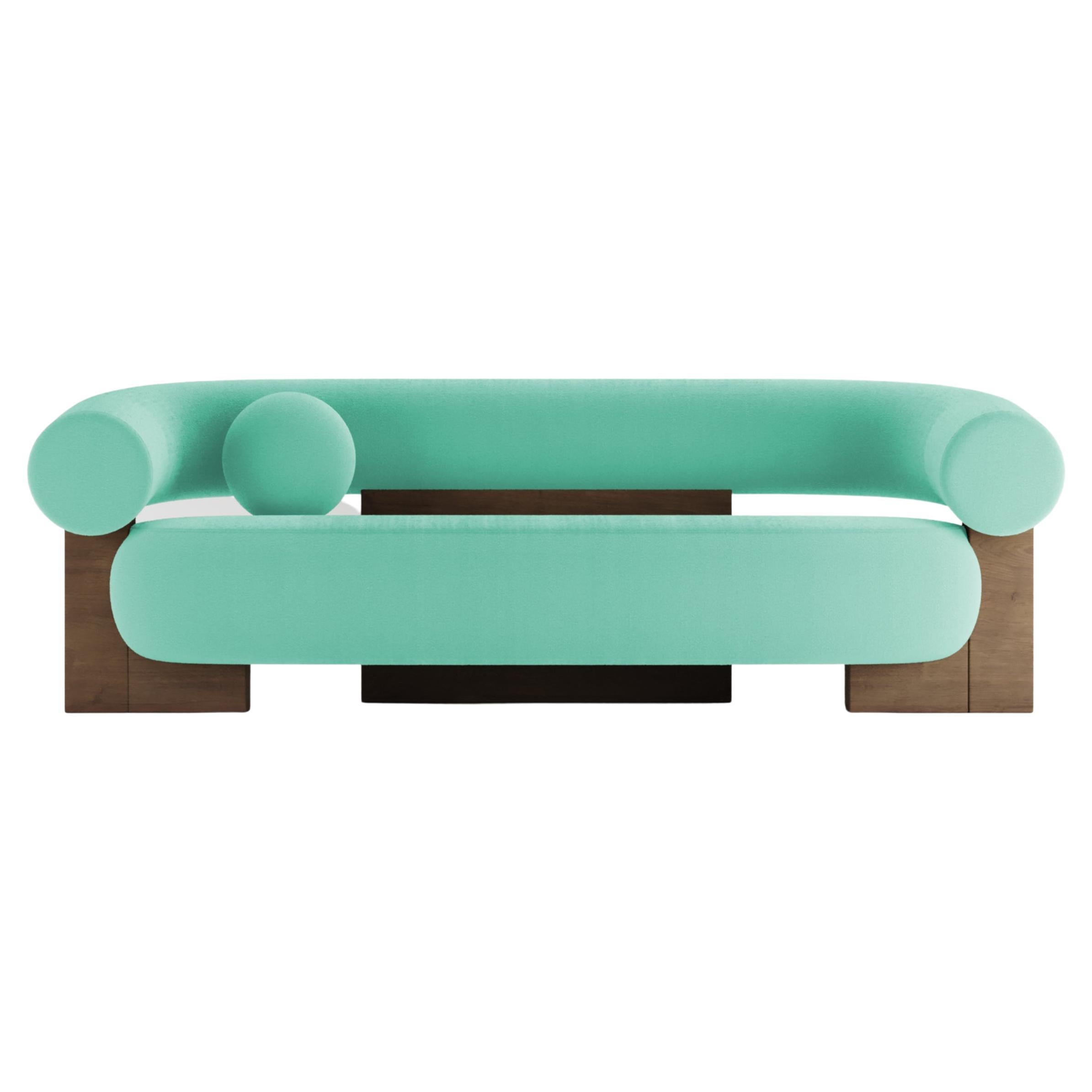 Contemporary Modern Cassete Sofa in Boucle Teal & Wood by Collector Studio