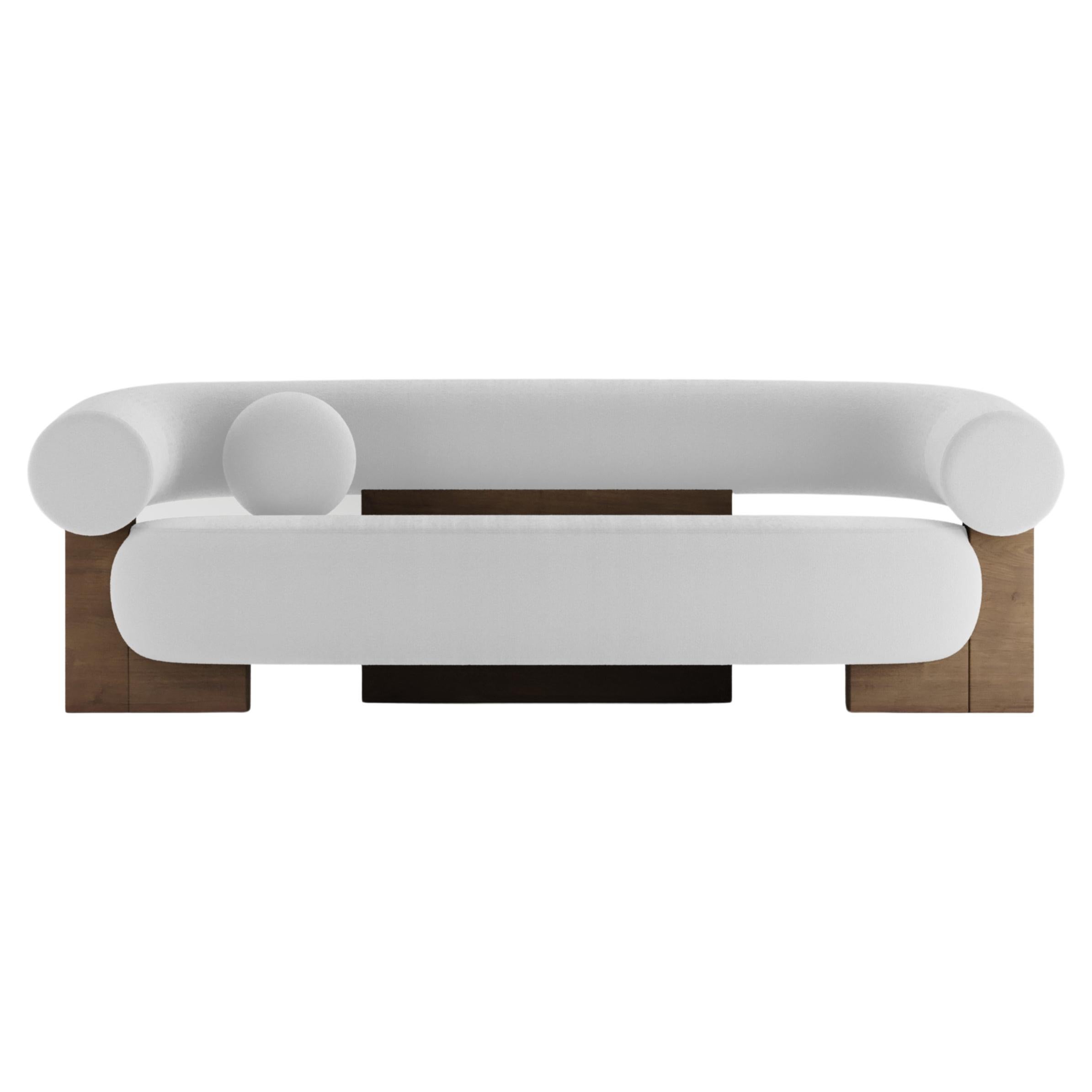 Zeitgenössisches modernes Cassete-Sofa in Boucle-Weiß und Holz von Collector Studio im Angebot