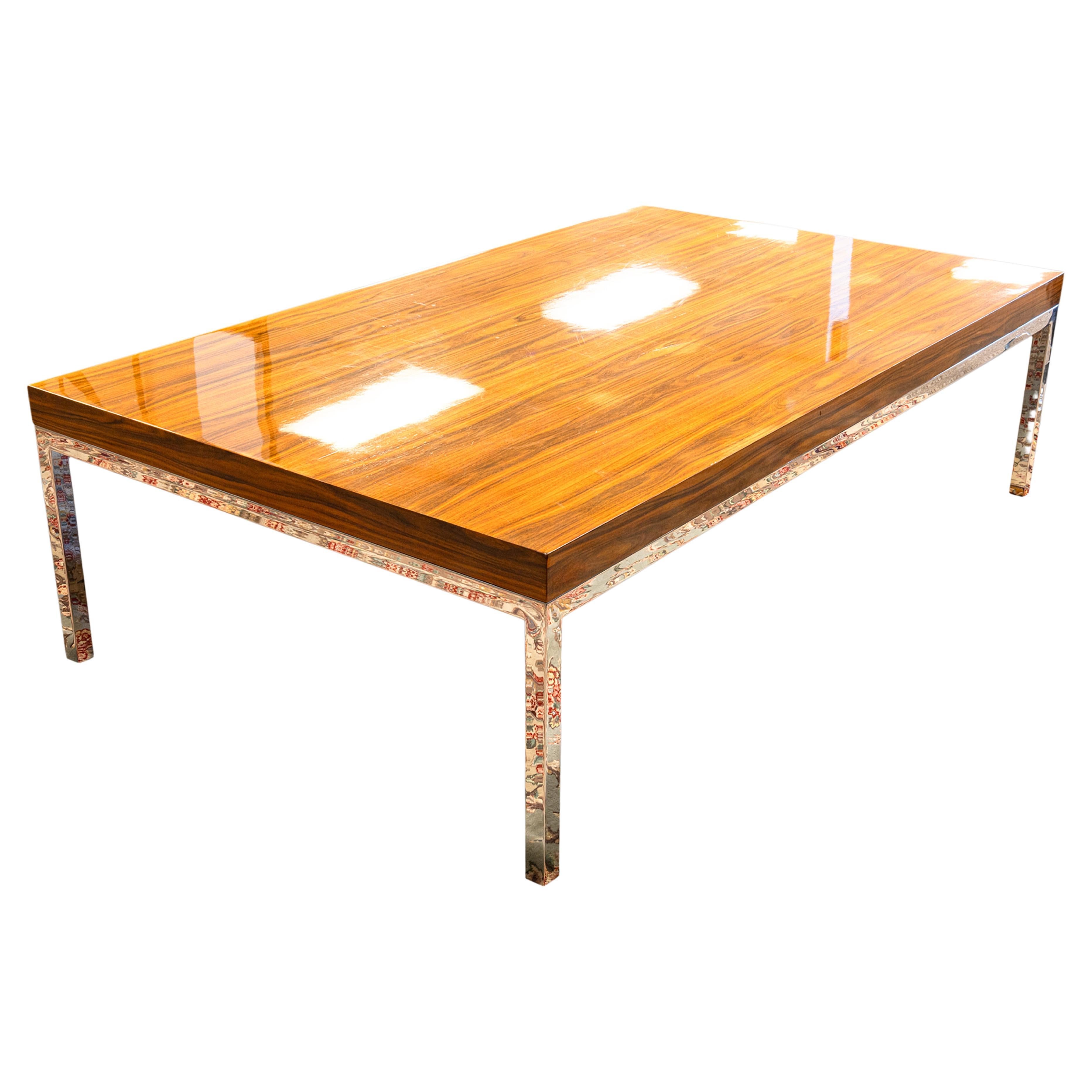 Contemporary Modern Chrome Base Walnut Wood Veneer Lacquered Coffee Table