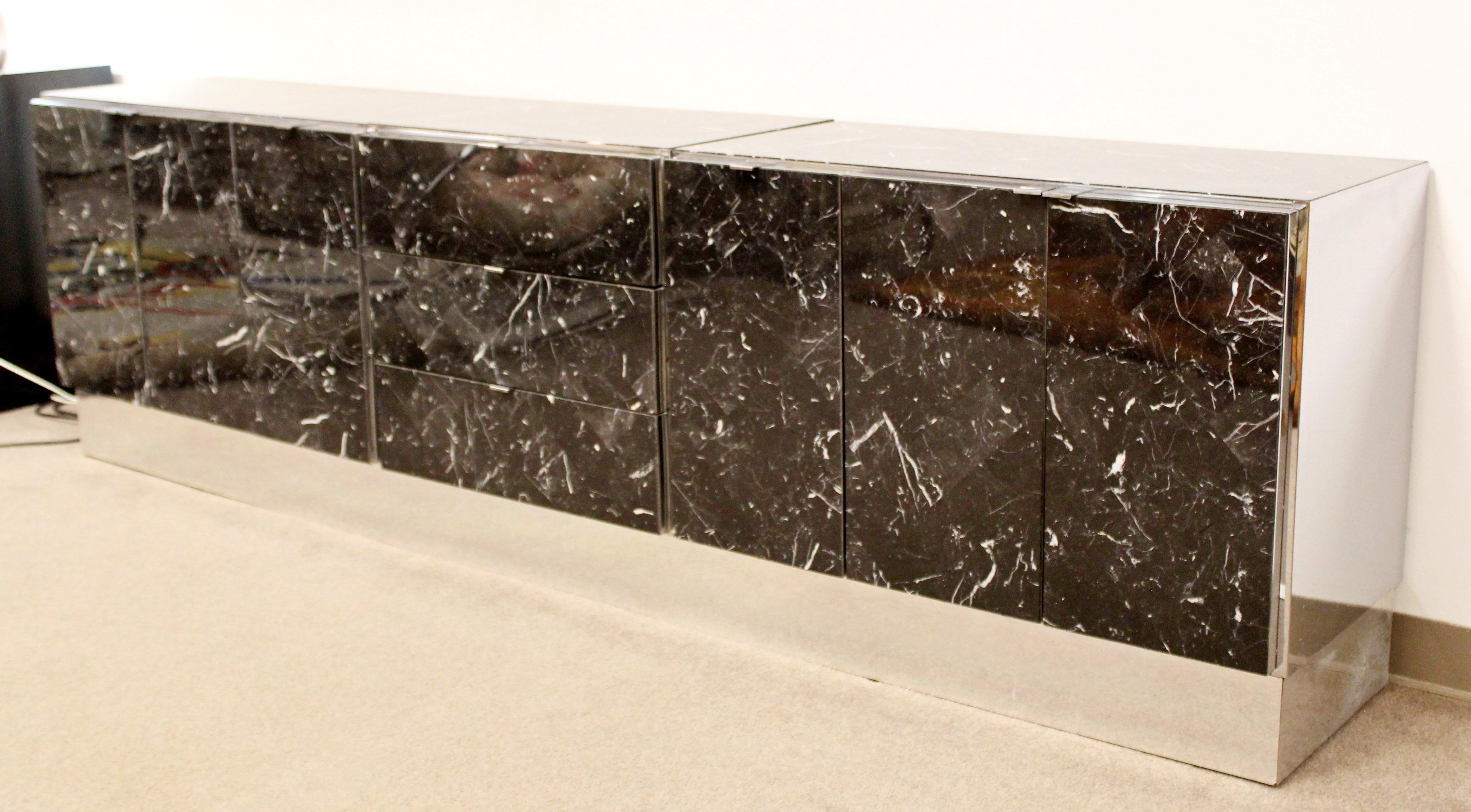 American Contemporary Modern Chrome Black Tessellated Marble Credenza Ello, 1980s