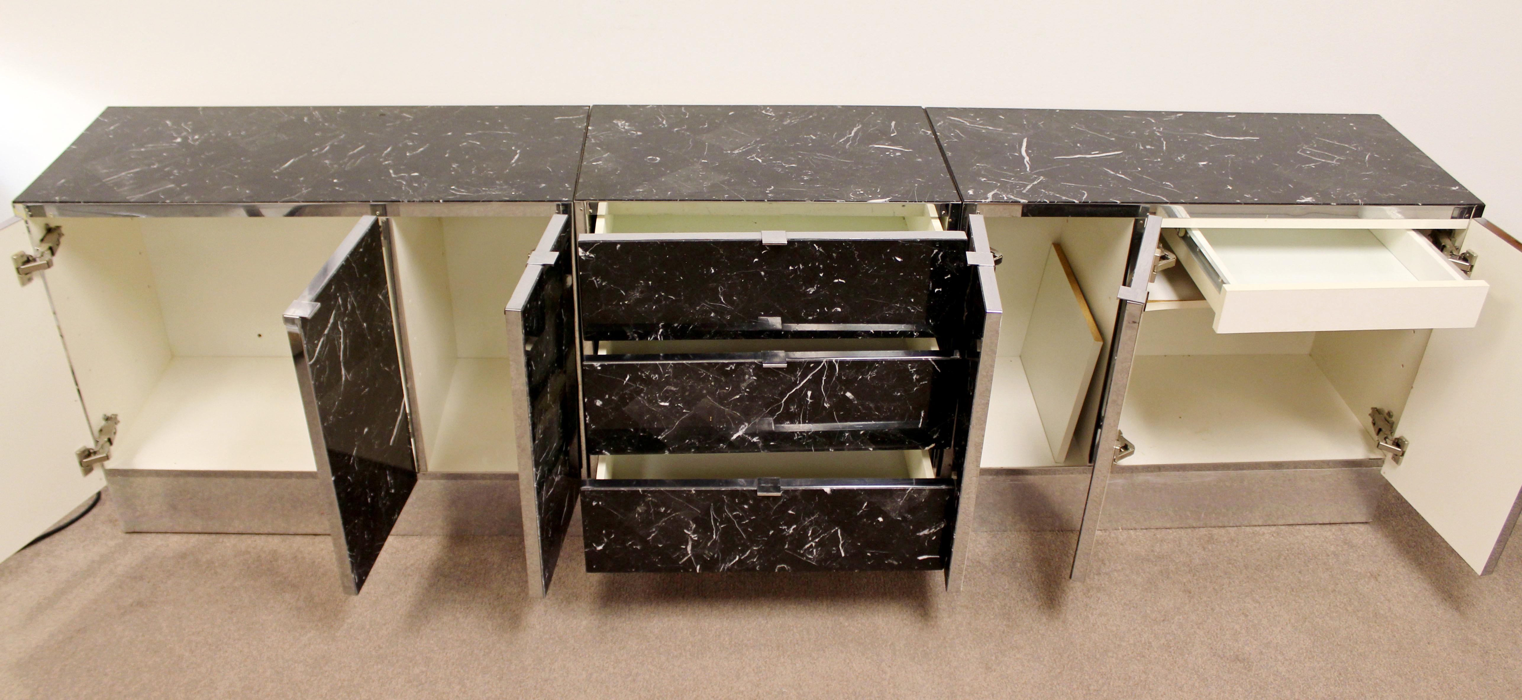 Contemporary Modern Chrome Black Tessellated Marble Credenza Ello, 1980s 1