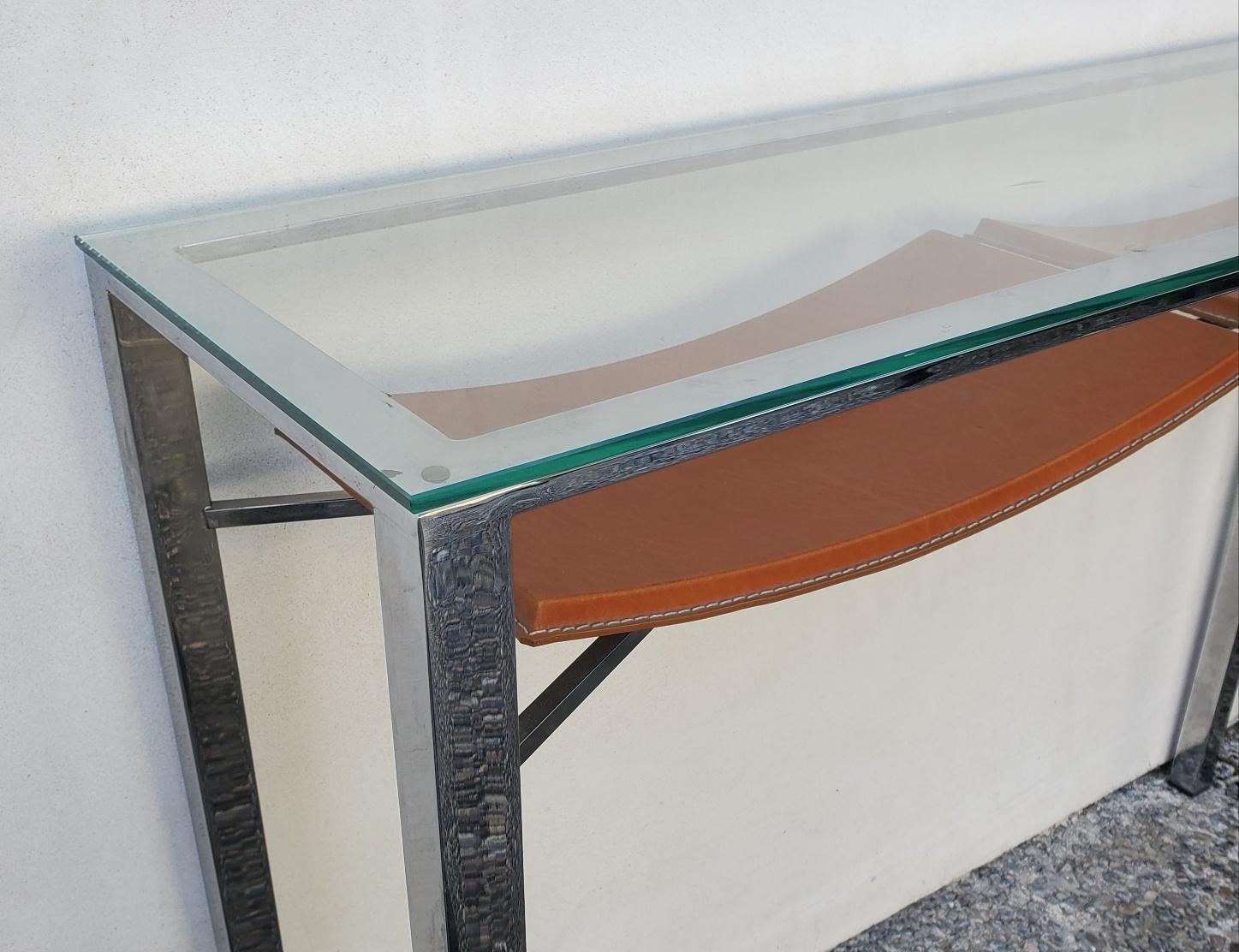 American Contemporary Modern Chrome, Glass and Leather Console Table