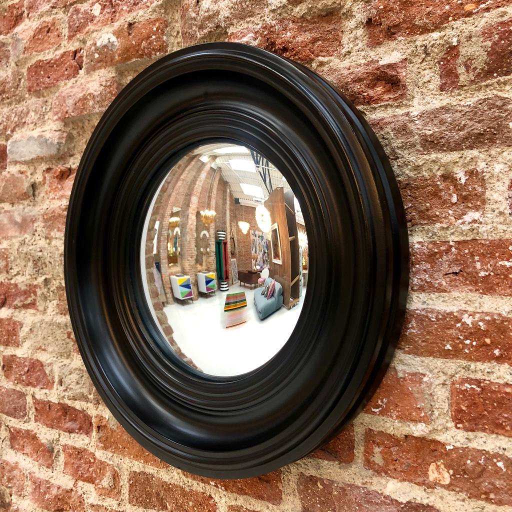 Contemporary Modern Circular Convex Pair of Black Ebonized Wood Italian Mirrors 2