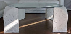 Contemporary Modern Coffee Table with Ceramic Faux Fossil Stone 1980s Glass Top