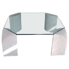 Contemporary Modern Coffee Table with Ceramic Faux Fossil Stone 1980s Glass Top