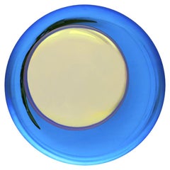 Contemporary Modern Concave Yellow and Blue Handmade Glass Mirror Sculpture