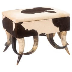 Contemporary Modern Cowhide Longhorn Ottoman Footstool with Storage