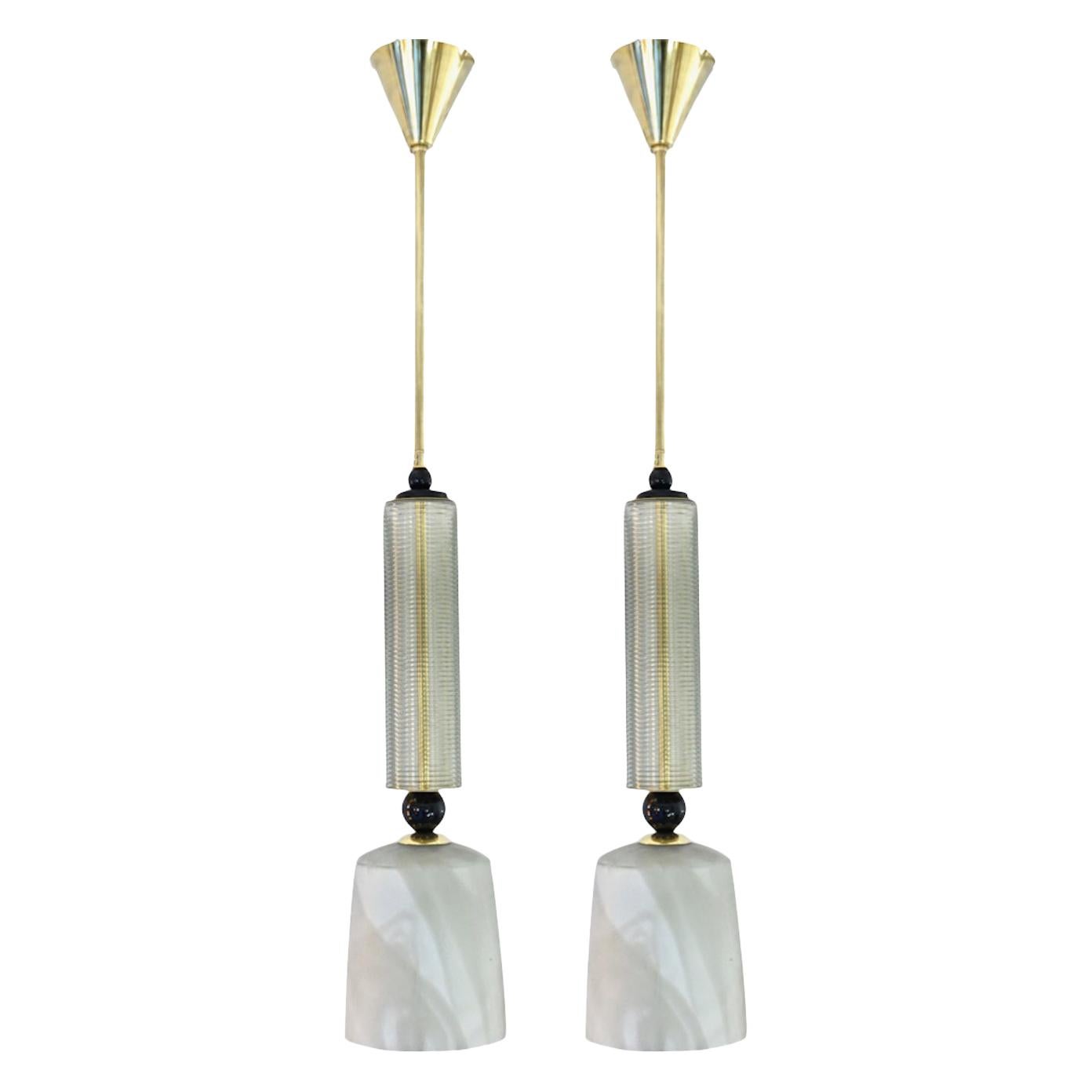 Contemporary Modern Crystal Black and Alabaster Murano Glass Brass Pendant Light For Sale