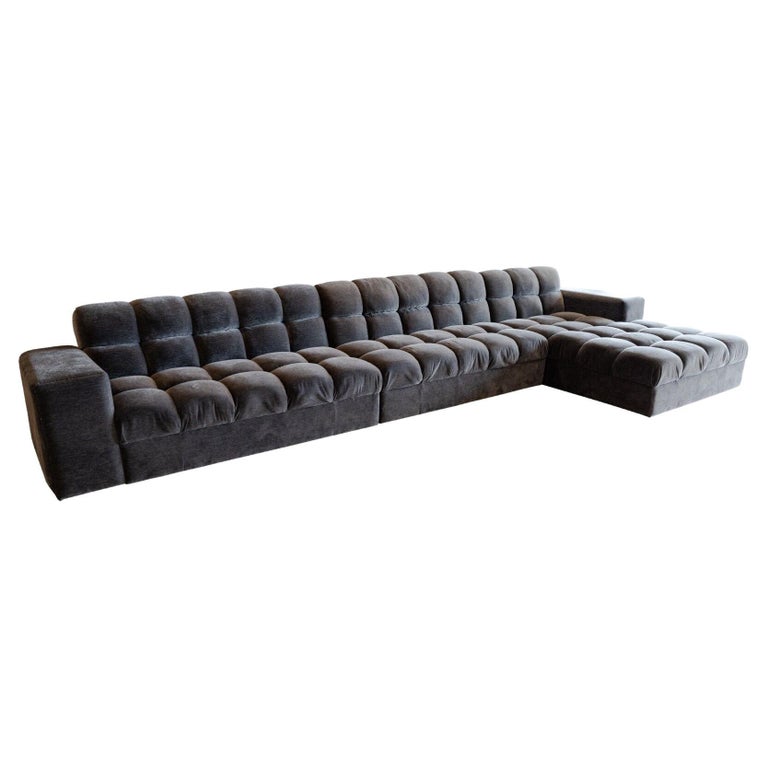 Contemporary Modern Custom Made Dark Grey Velvet Tufted Sectional Sofa