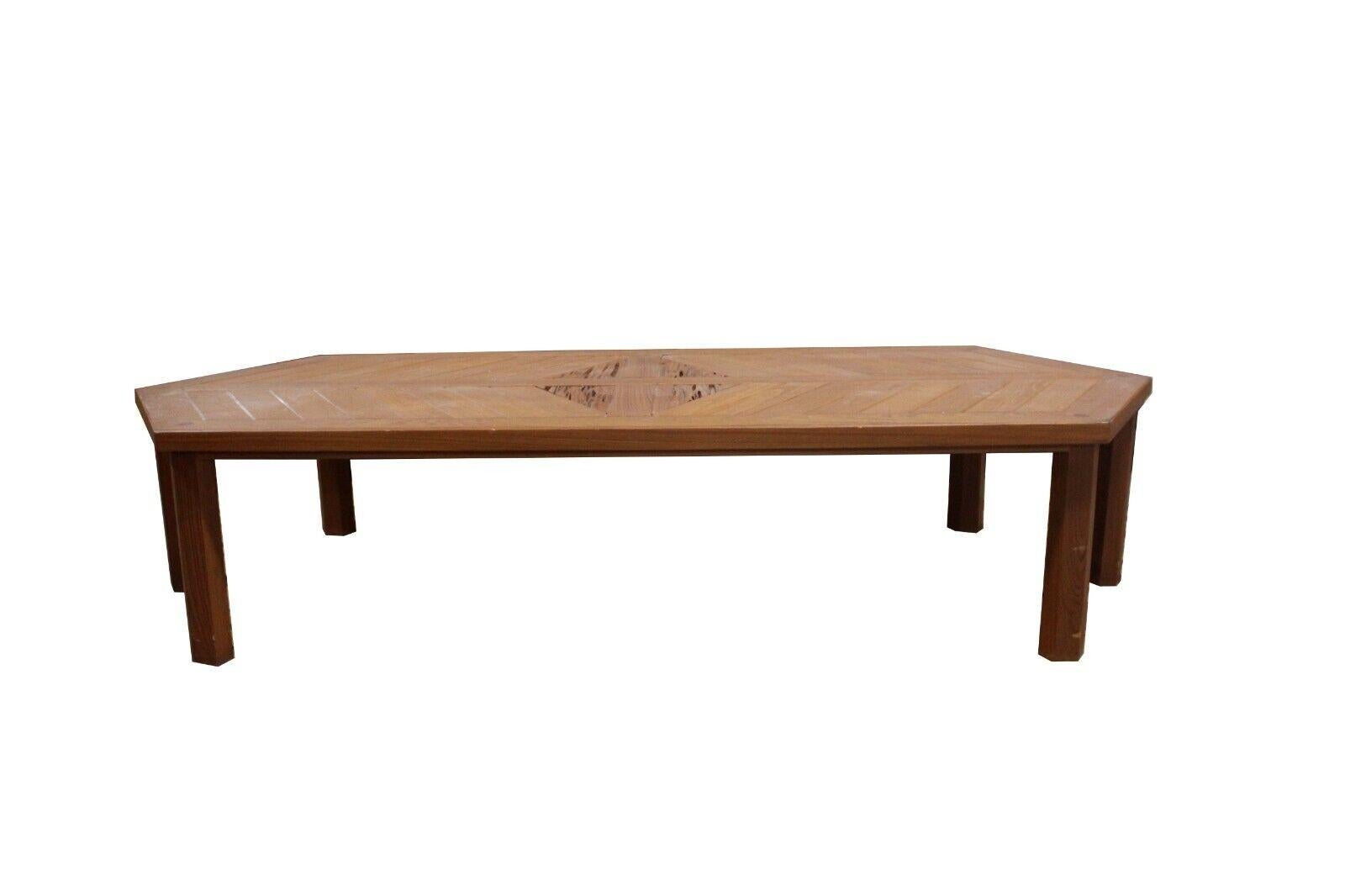 For your consideration is this custom made Pecky Cypress wood coffee table with an inlaid geometric design. Dimensions 81