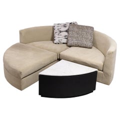 Contemporary Modern Custom Made Tan Round Sectional Sofa With Travertine Table