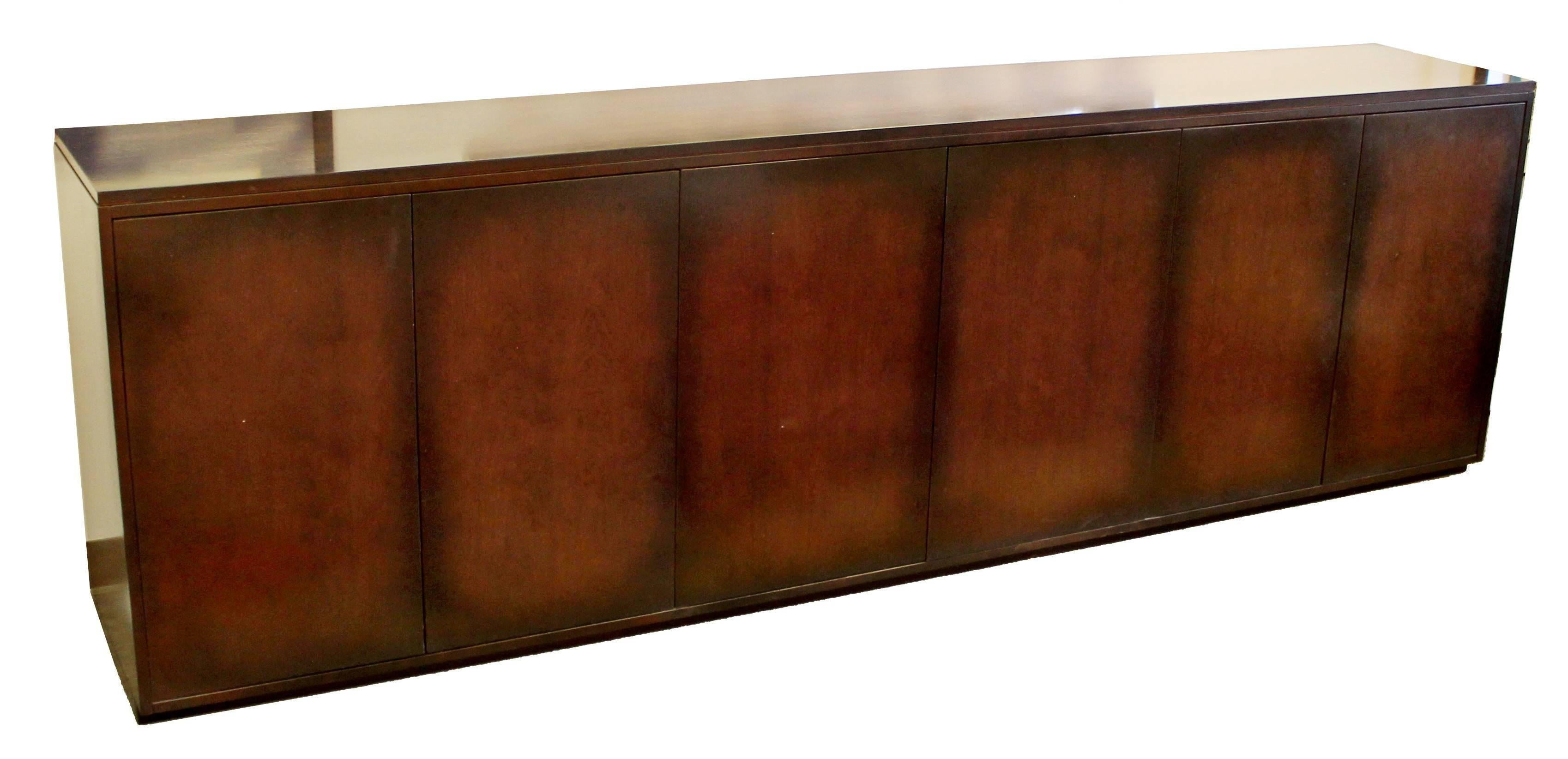 For your consideration is an X-large 9' gorgeous, dark mahogany, custom-made credenza, with six drawers, circa 1980s. In excellent condition. The dimensions are 109.5