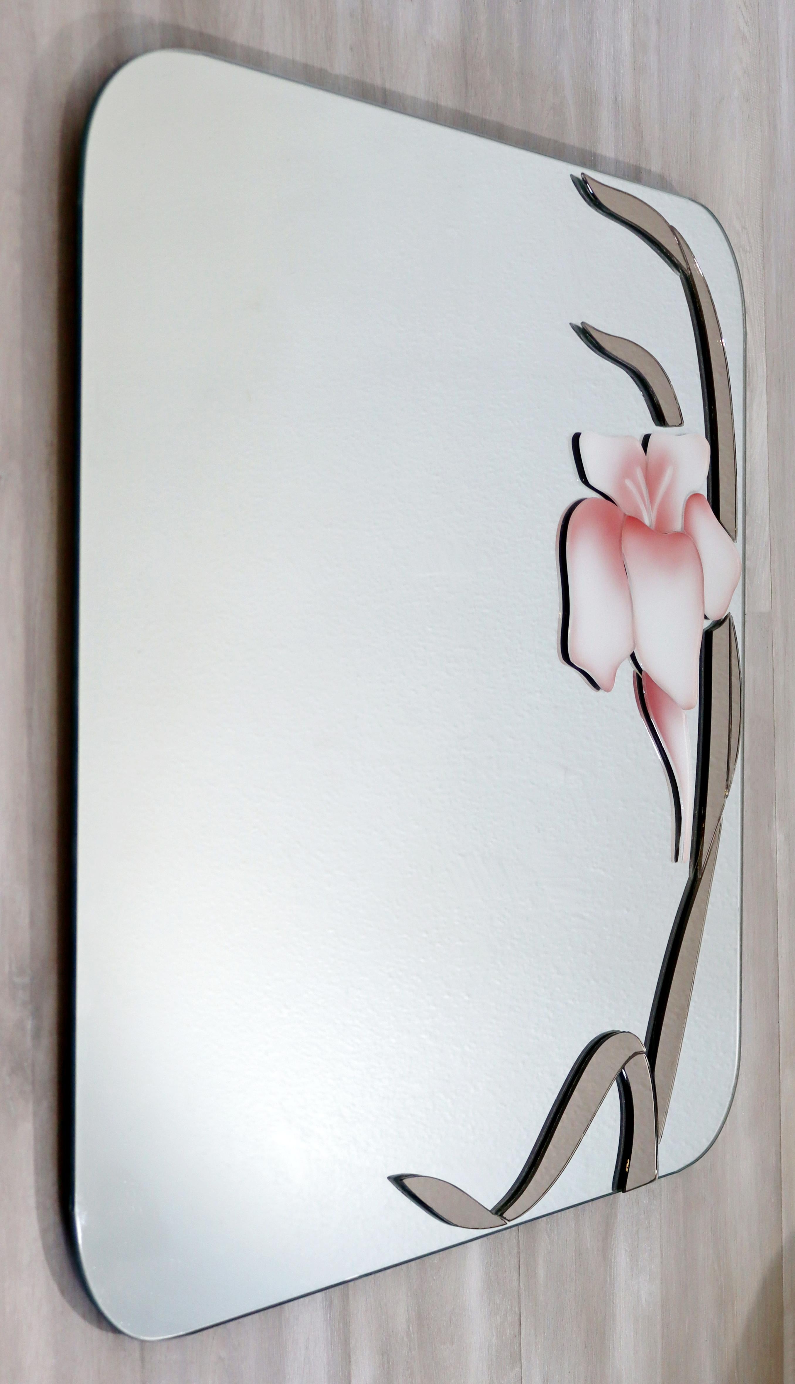 For your consideration is a stunning, square wall mirror, with a pink floral motif, signed by David Marshall, circa the 1980s. In excellent vintage condition. The dimensions are 29
