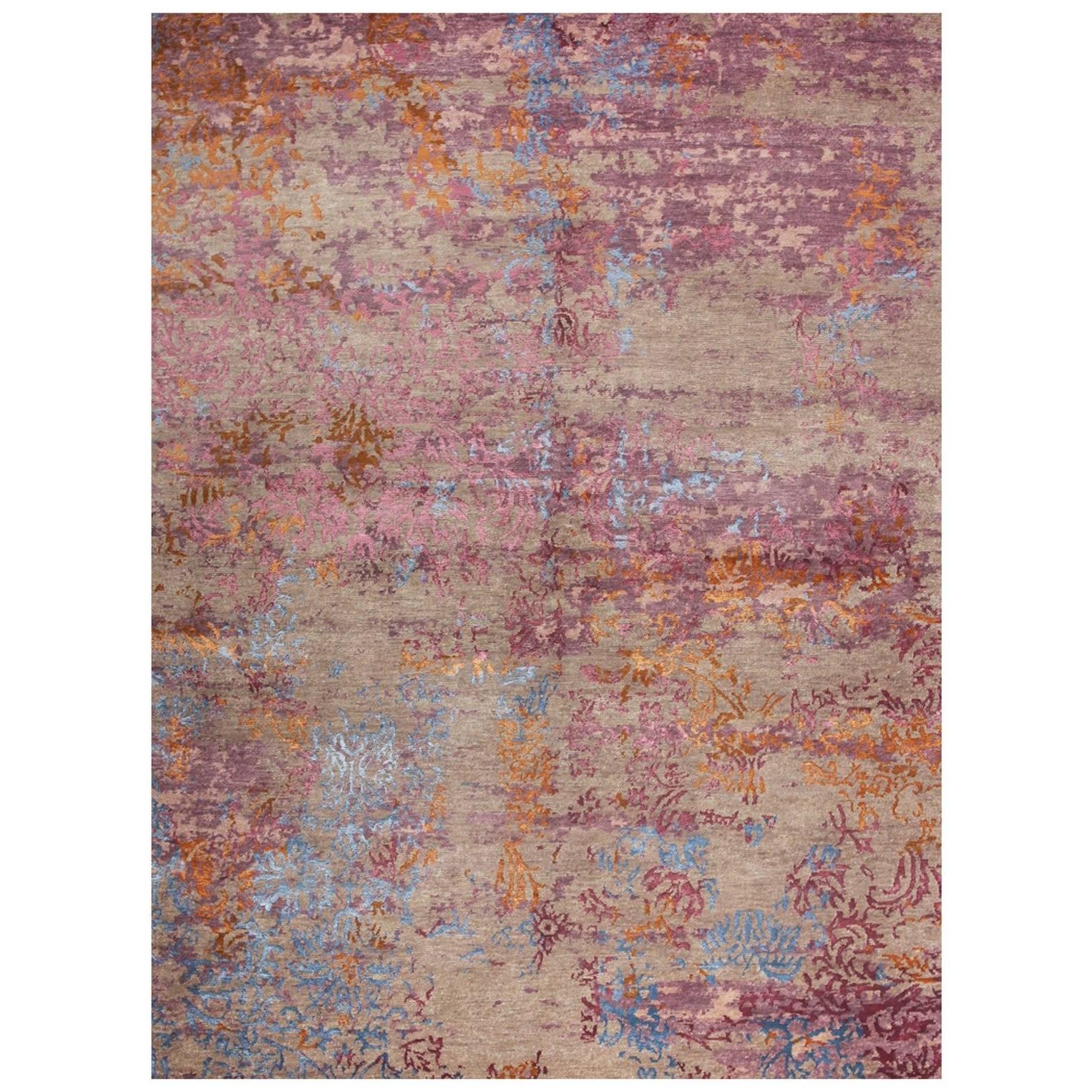 Contemporary Modern Design Rug Hand Knotted Grey Rose Blue