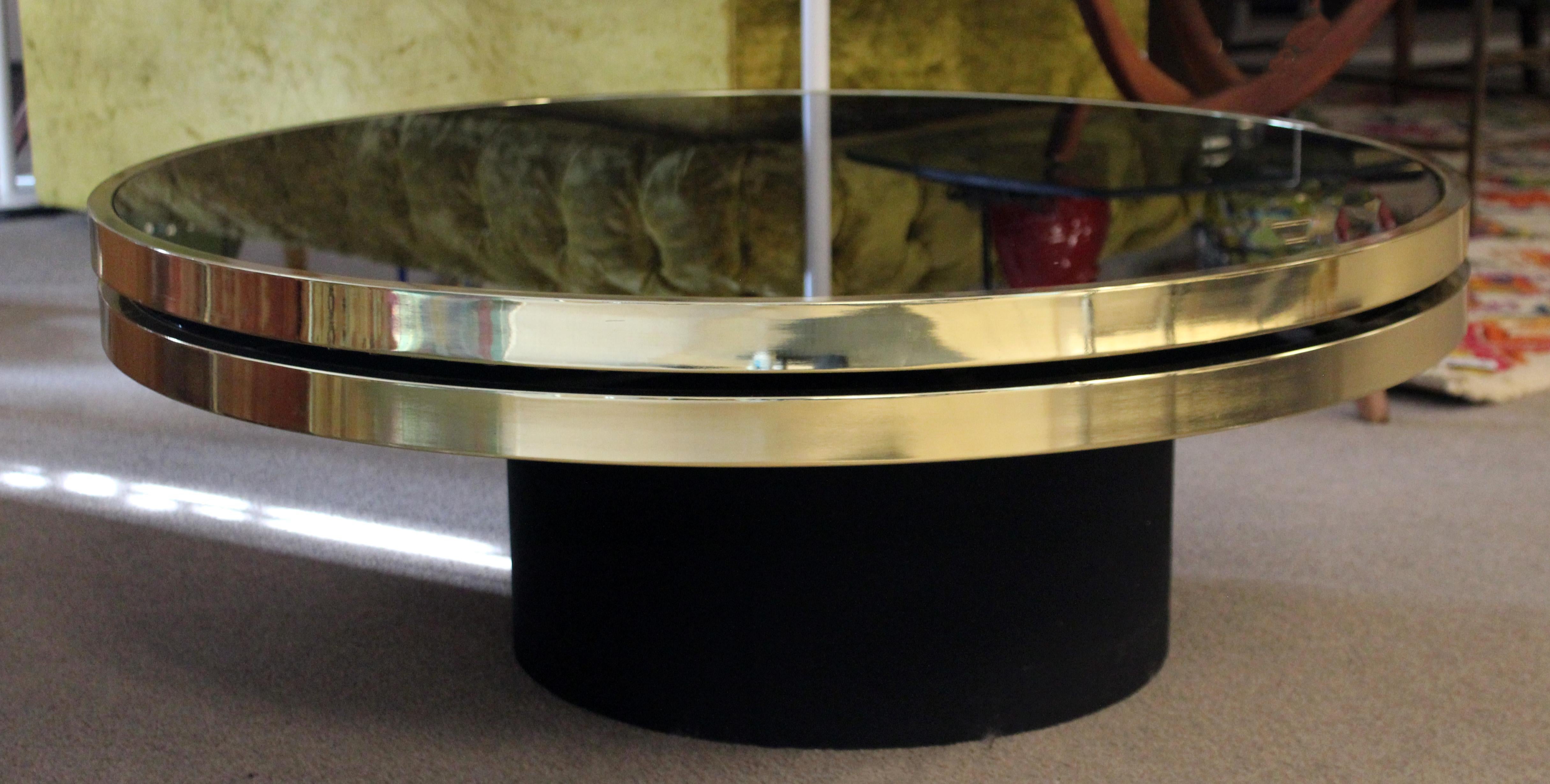 American Contemporary Modern DIA Swivel Smoked Glass Brass Coffee Cocktail Table, 1980s