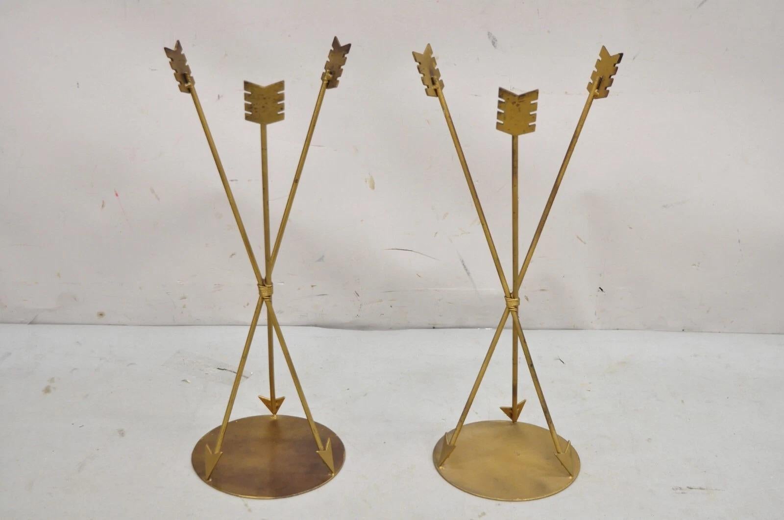 Contemporary Modern Directoire Regency Style Gold Metal Arrow Small Drinks Side Tables - a Pair (No tops). Late 20th Century. Measurements: 21.5