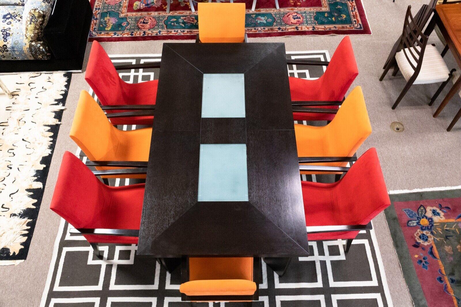 Contemporary Modern Ebonized Wood & Glass Expandable Dining Table & 8 Chairs In Good Condition In Keego Harbor, MI
