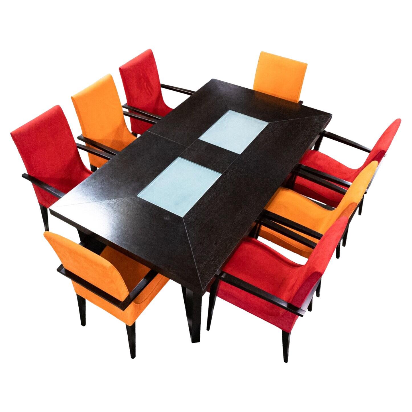 Contemporary Modern Ebonized Wood & Glass Expandable Dining Table & 8 Chairs