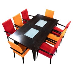 Contemporary Modern Ebonized Wood & Glass Expandable Dining Table & 8 Chairs