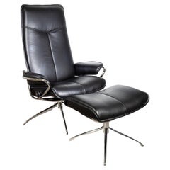 Used Contemporary Modern Ekornes Stressless City High Back Leather Recliner & Ottoman