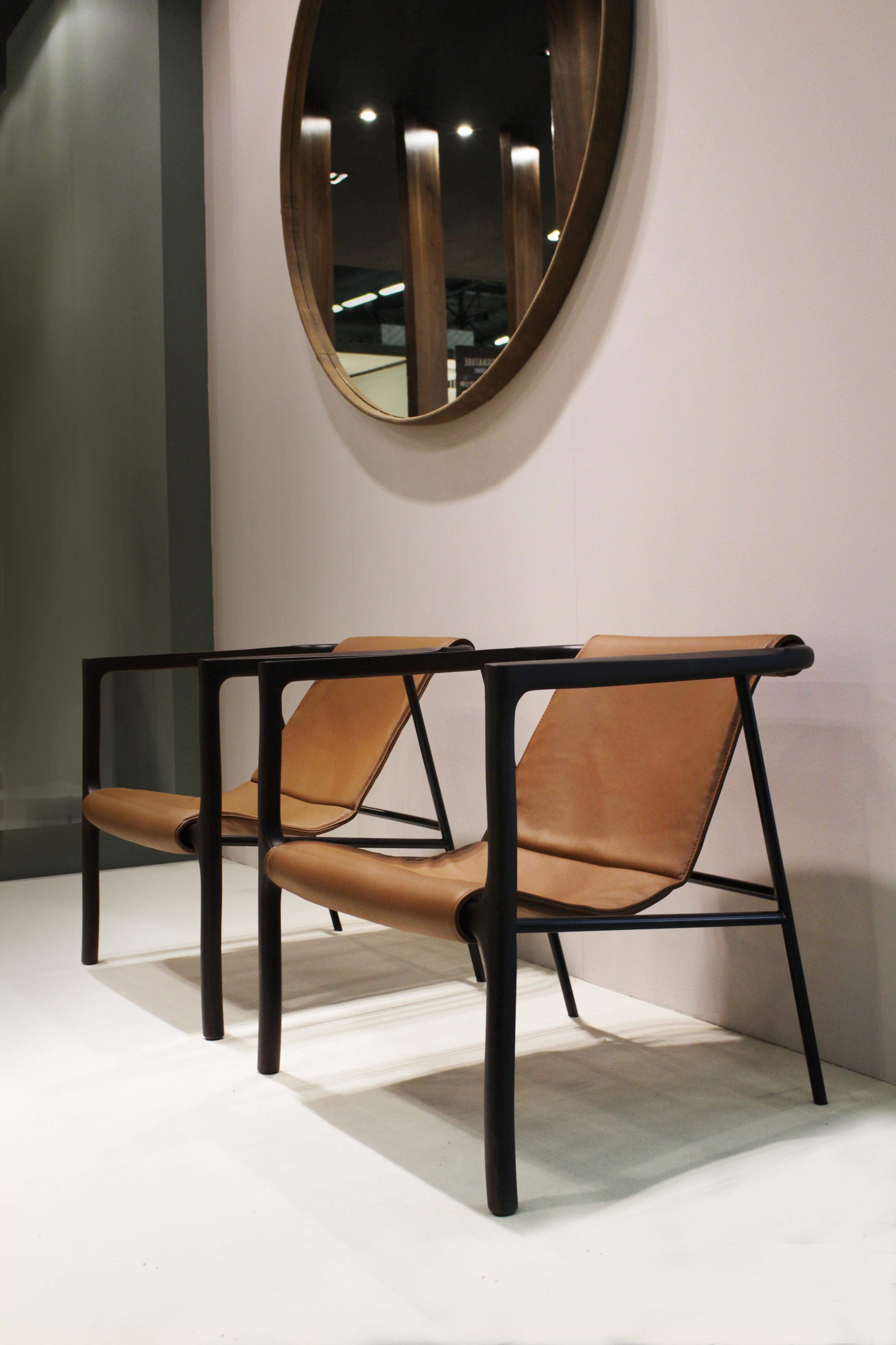 Portuguese Contemporary Modern Elliot Armchair in Oak, Metal & Leather by Collector Studio For Sale