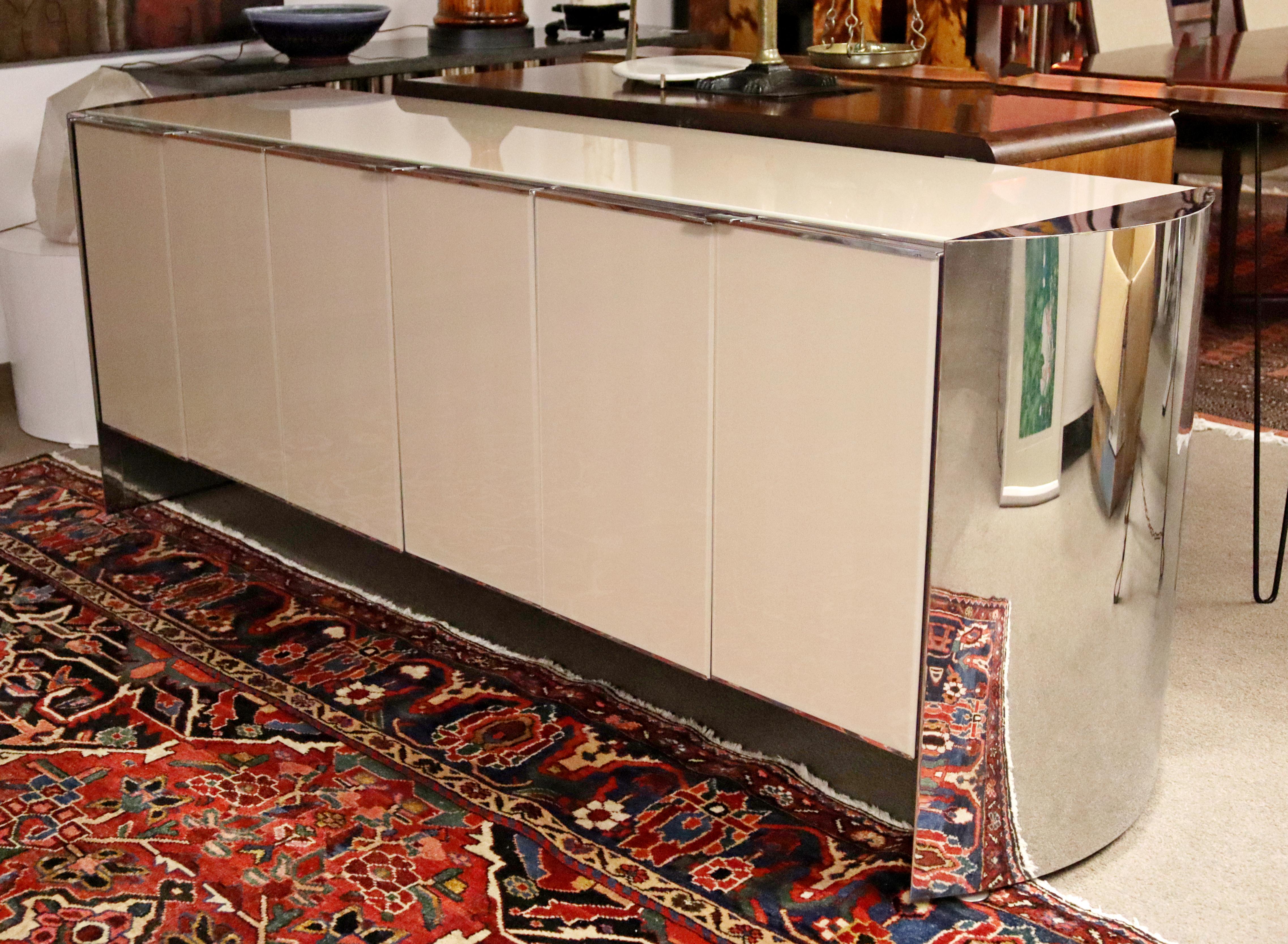 Contemporary Modern Ello Mirrored Glass & Curved Chrome Credenza Sideboard 1980s 1