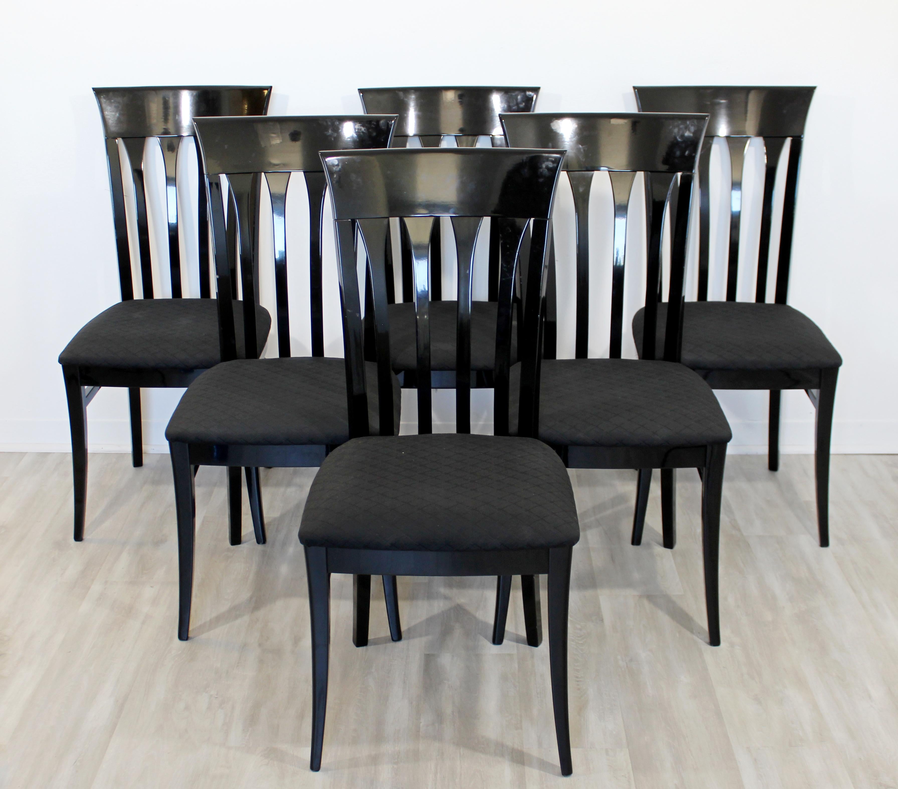 For your consideration is a luxurious, set of six, black lacquer dining side chairs, by Ello, circa 1980s. In very good vintage condition. The dimensions are 18.5