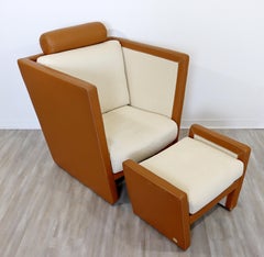 Contemporary Modern Fendi Casa Italian Lounge Chair & Ottoman Set 1990s Leather