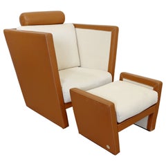 Contemporary Modern Fendi Casa Italian Lounge Chair & Ottoman Set 1990s Leather