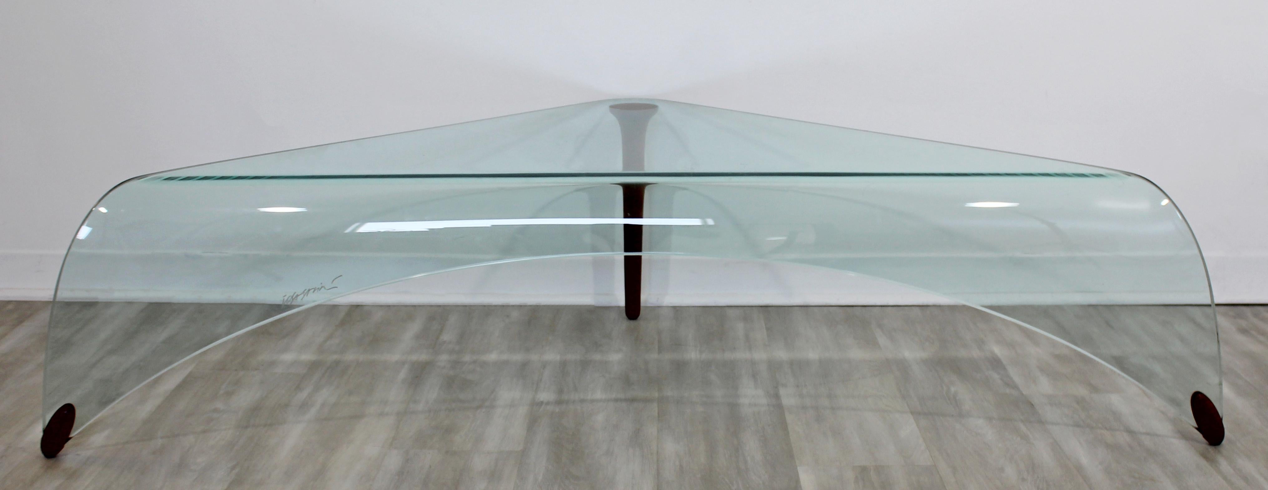 Contemporary Modern Fiam Italia Signed Clear Slumped Glass Wood Coffee Table 3