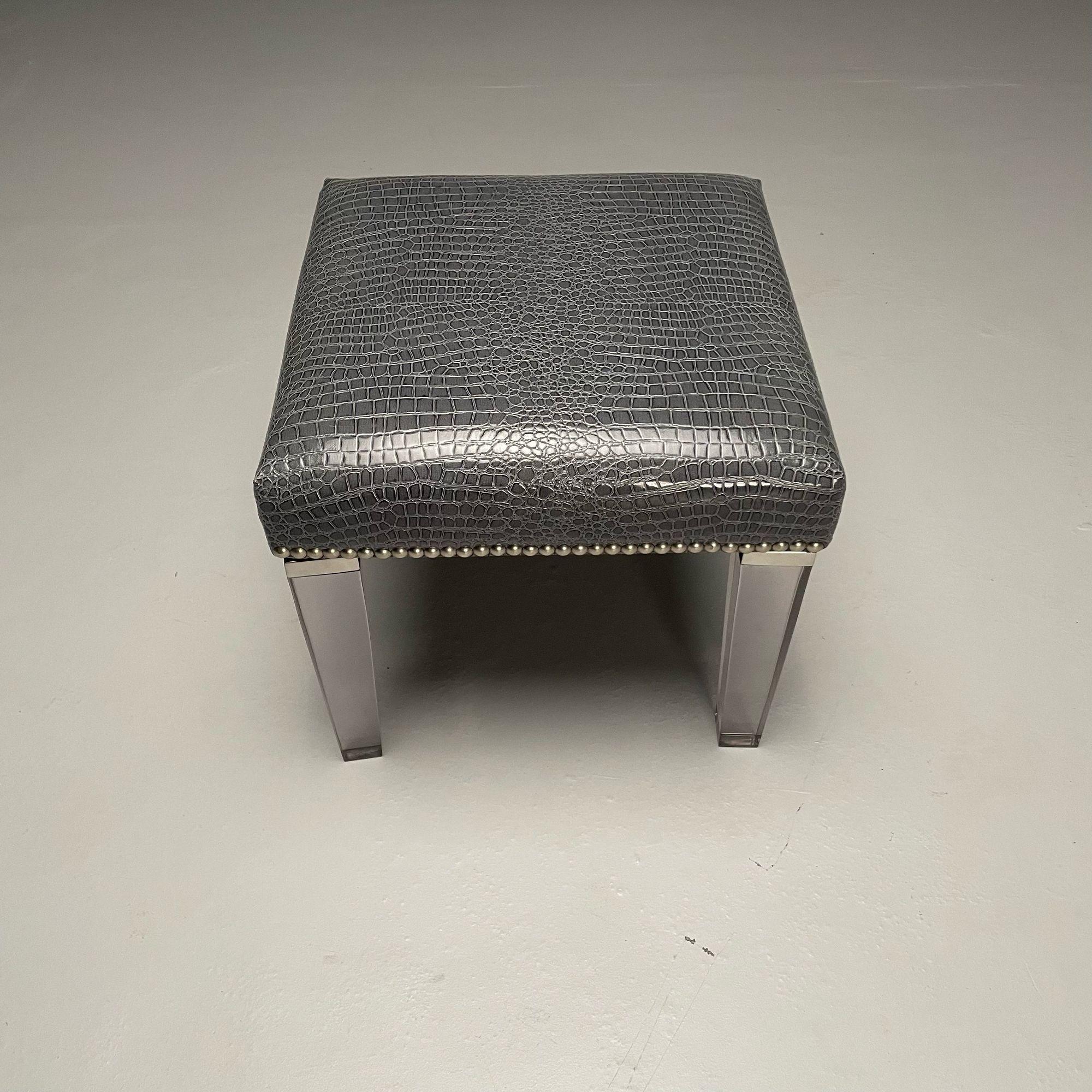 American Contemporary, Modern Footstool, Chrome, Acrylic, Faux Snakeskin, 2010s For Sale
