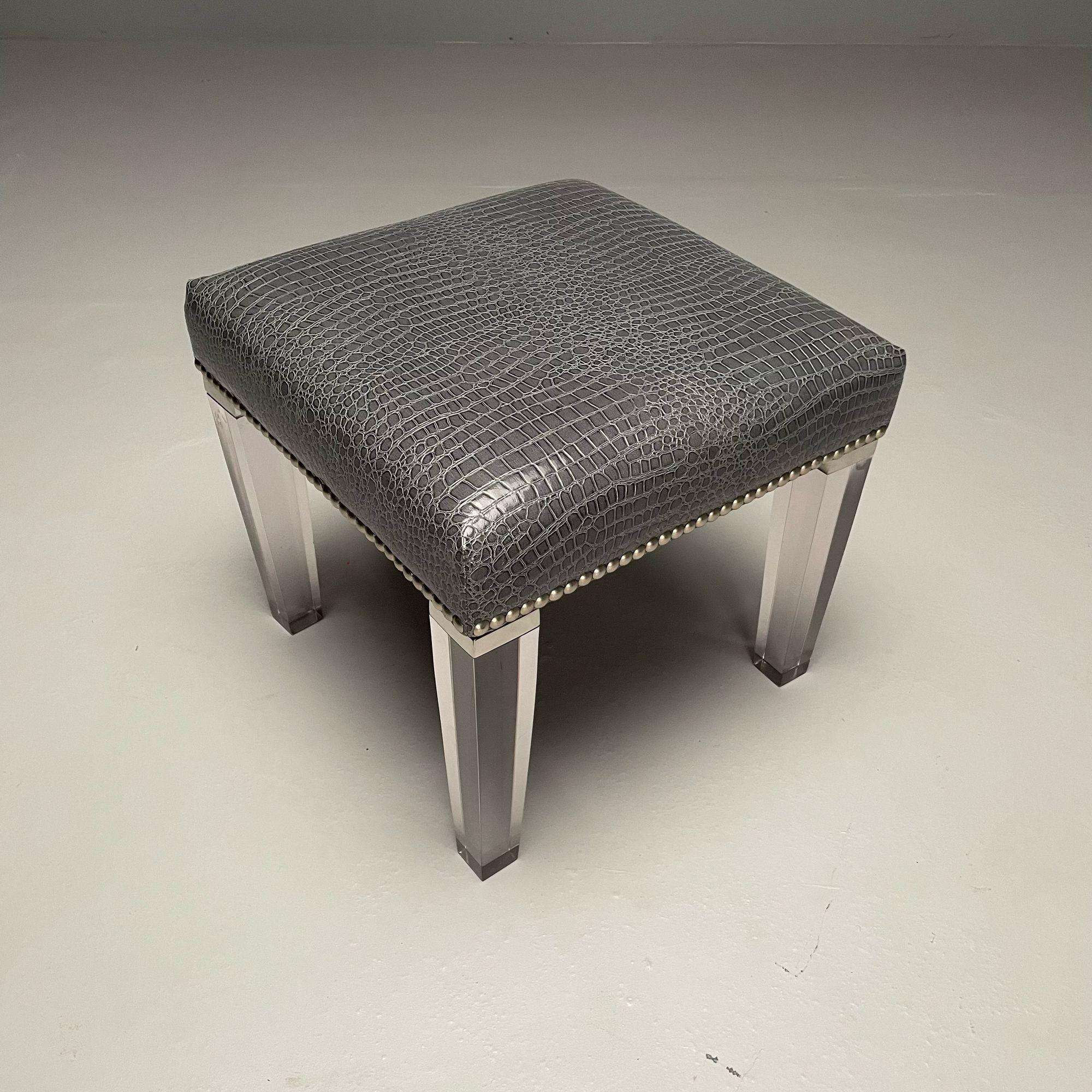 Contemporary, Modern Footstool, Chrome, Acrylic, Faux Snakeskin, 2010s In Good Condition For Sale In Stamford, CT