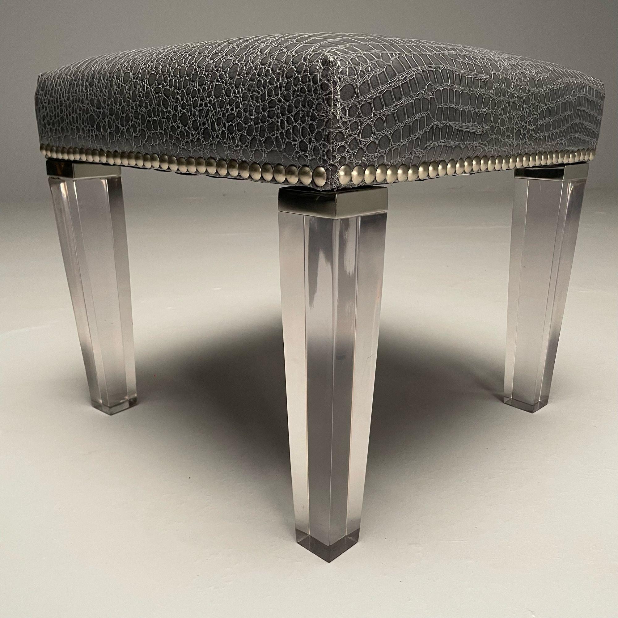 Contemporary, Modern Footstool, Chrome, Acrylic, Faux Snakeskin, 2010s For Sale 1