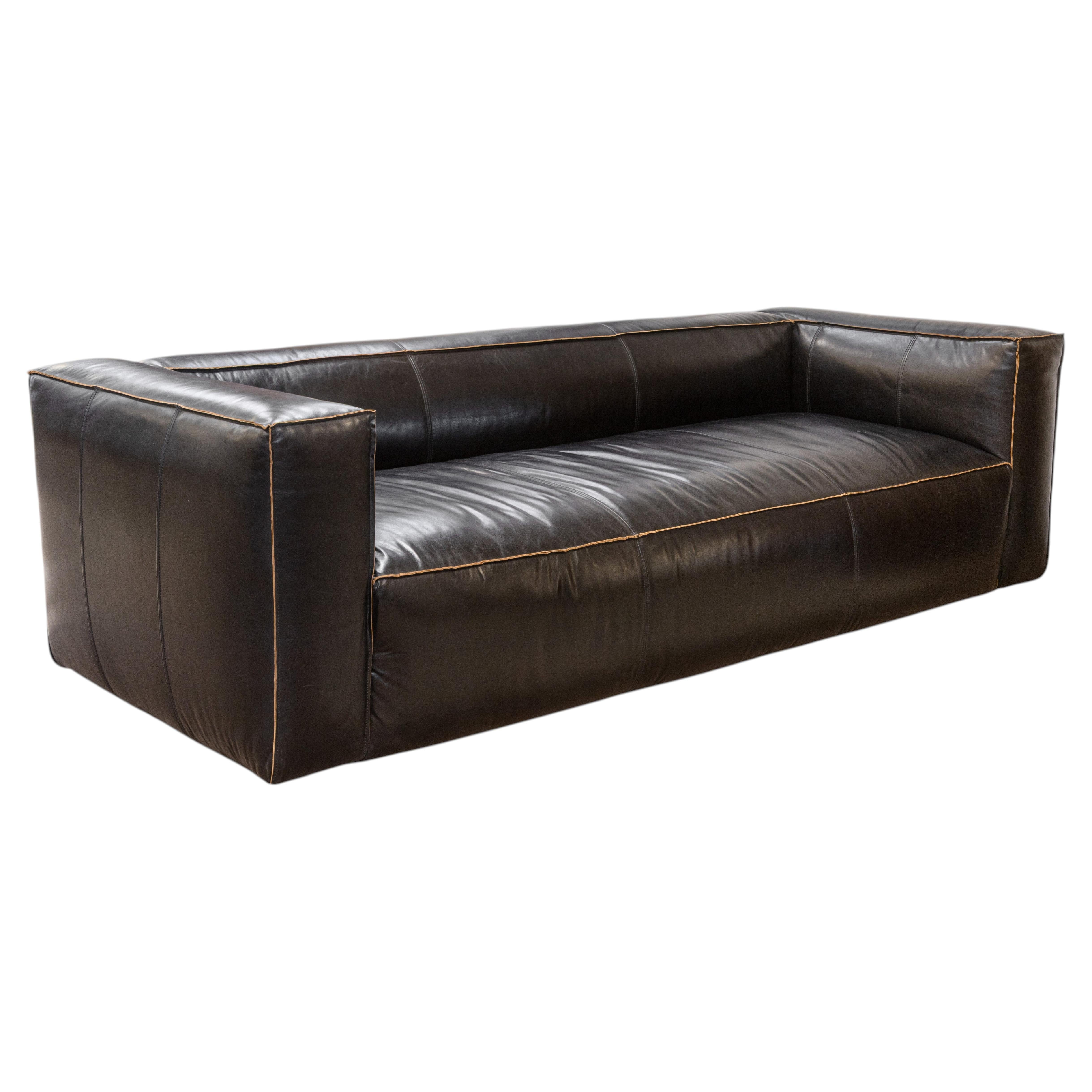 Contemporary Modern Four Hands Nolita Reverse Stitch Black Leather Sofa