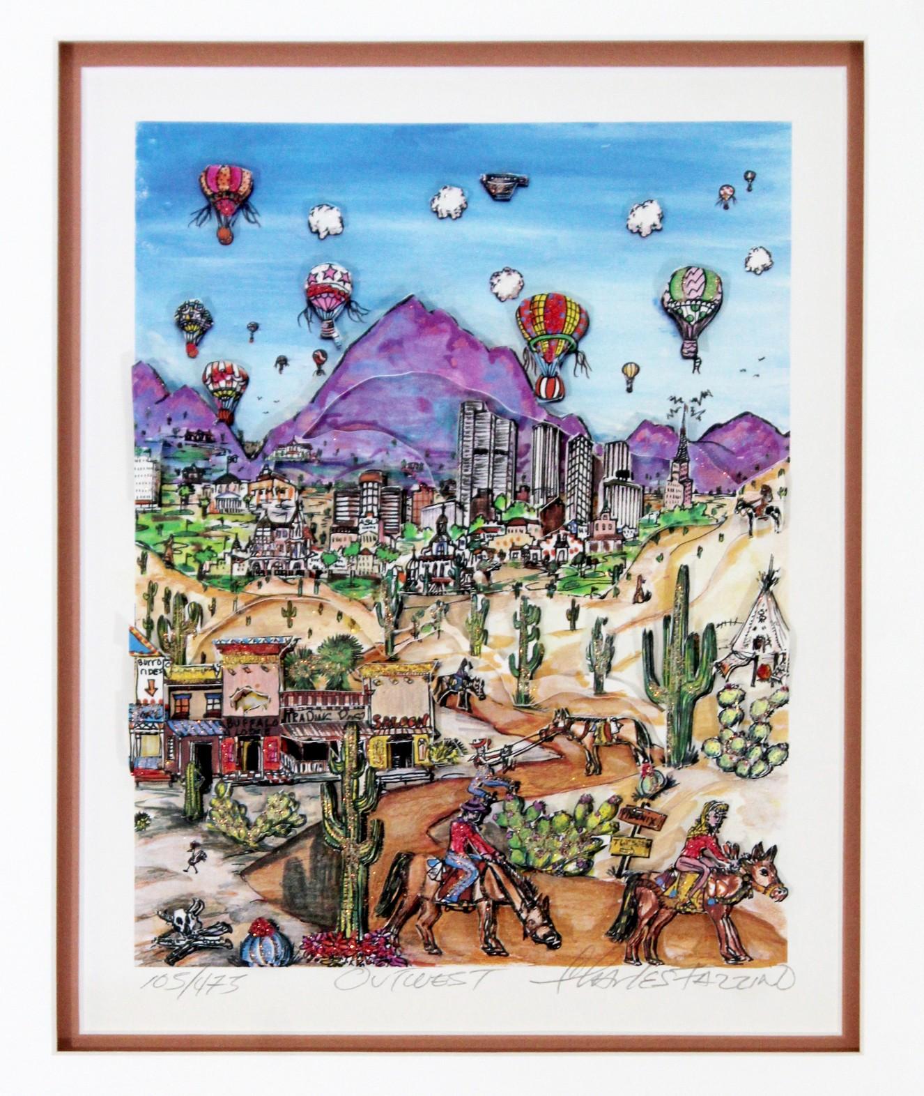 Outwest by Charles Fazzino is a limited edition mixed media 3-D serigraph with glitter embellishments. In excellent condition. This piece measures 16.5