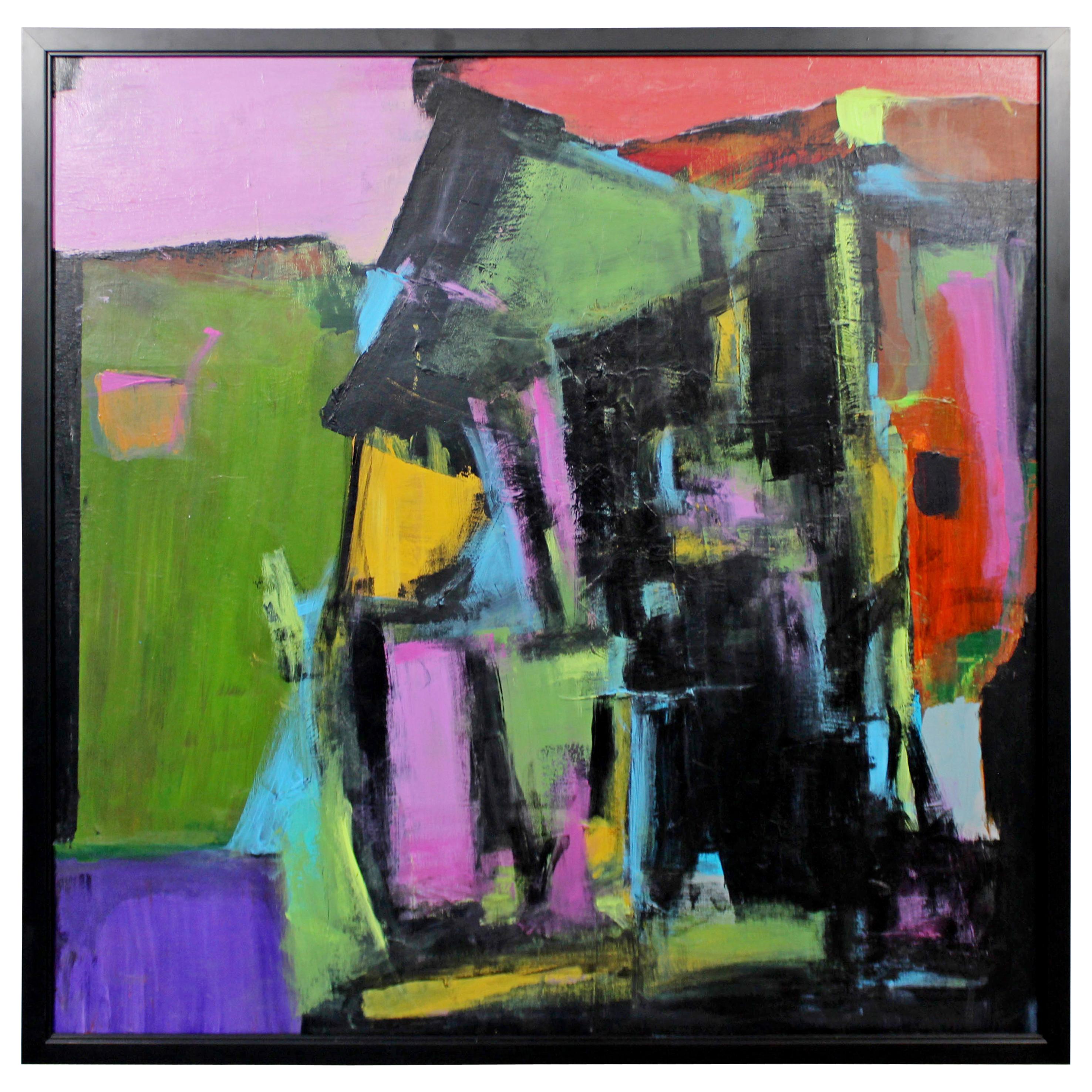 Contemporary Modern Framed Abstract Acrylic Canvas Painting Signed 2000s