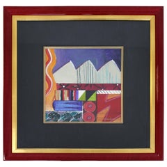 Contemporary Modern Framed Abstract Mixed-Media Painting Signed Vandemeer, 1980s