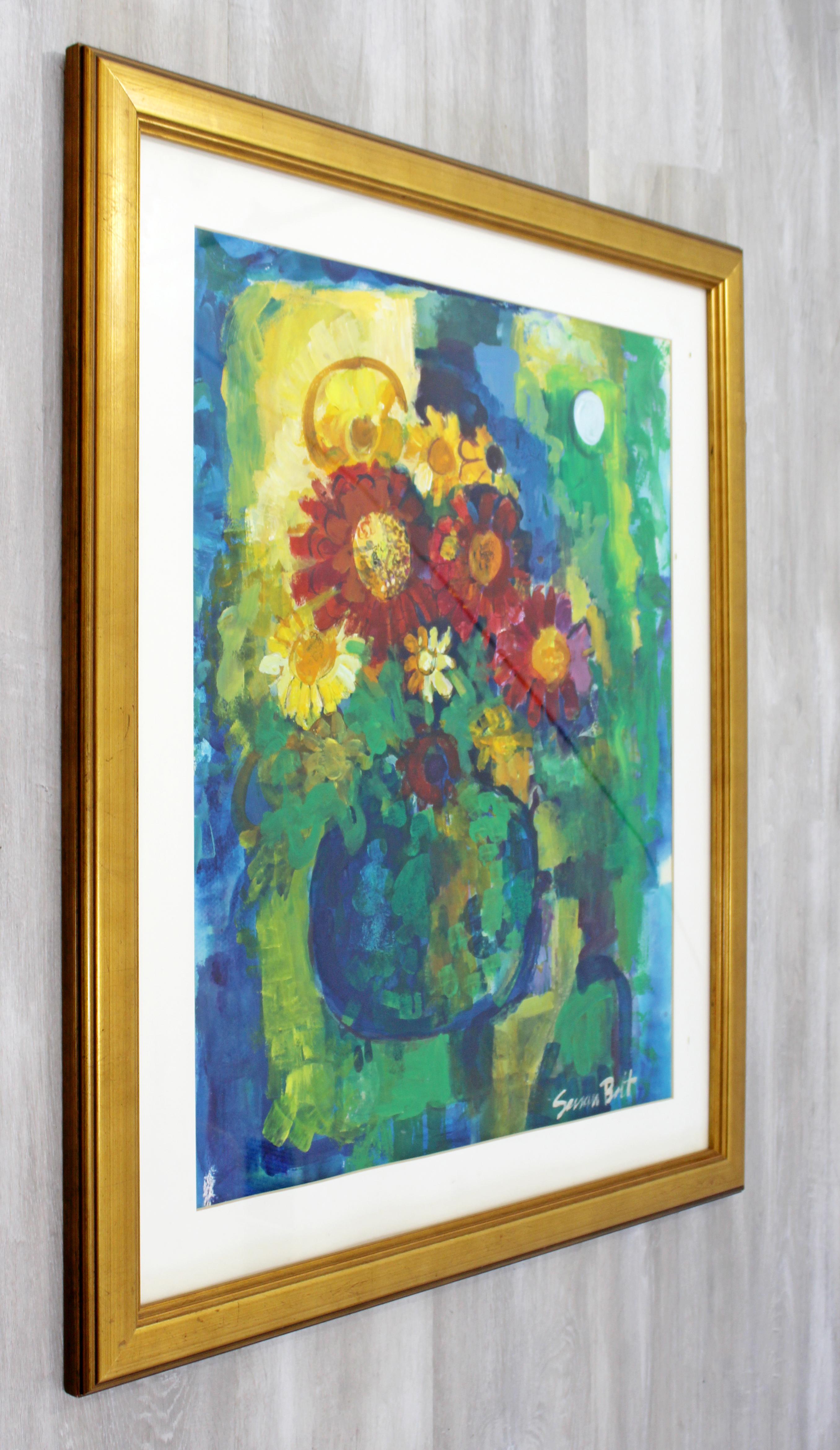 Contemporary Modern Framed Acrylic Floral Painting Signed Susan Bolt Still Life In Good Condition In Keego Harbor, MI