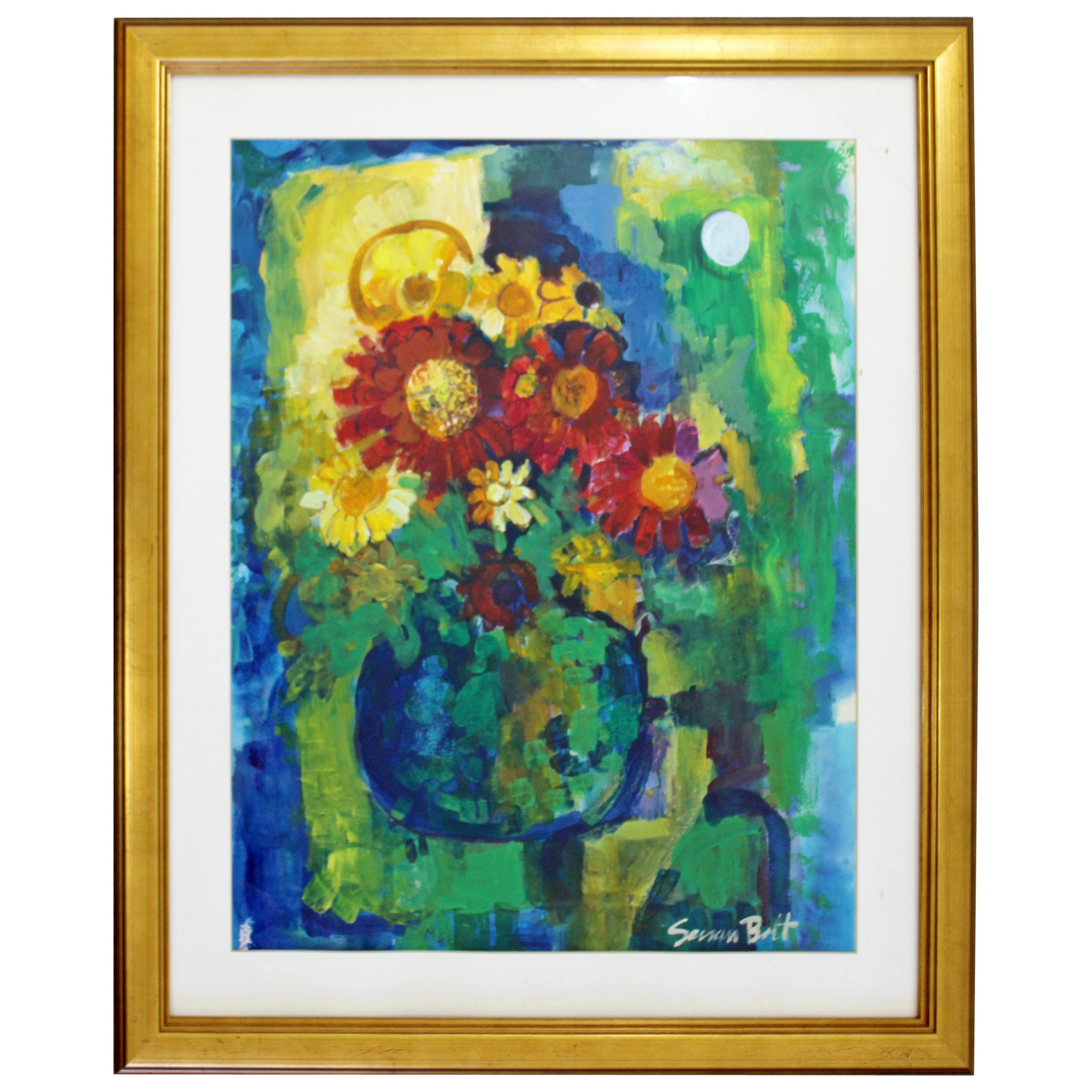 Contemporary Modern Framed Acrylic Floral Painting Signed Susan Bolt Still Life