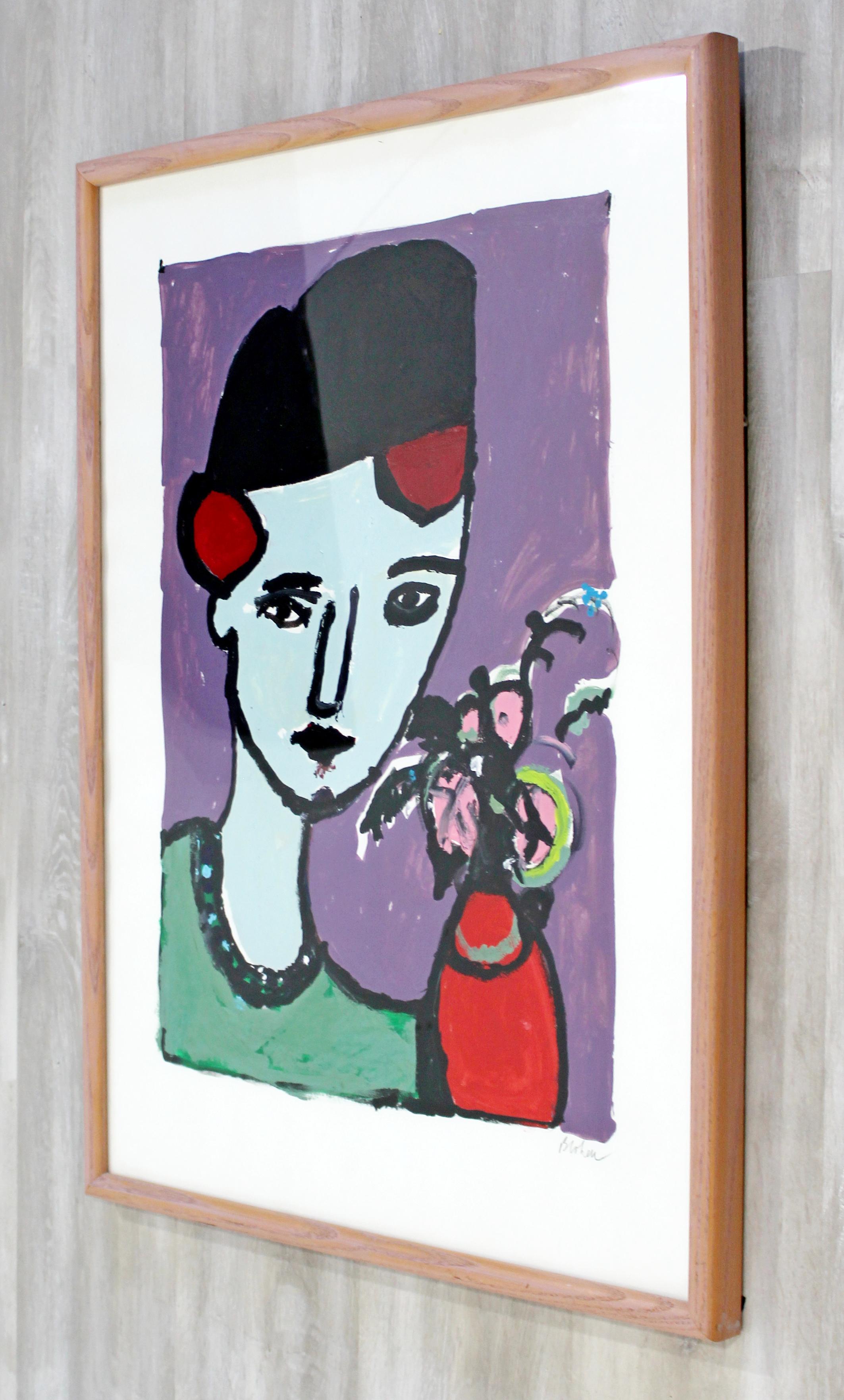 Late 20th Century Contemporary Framed Acrylic Portrait with Flowers Painting Signed B. Cohen