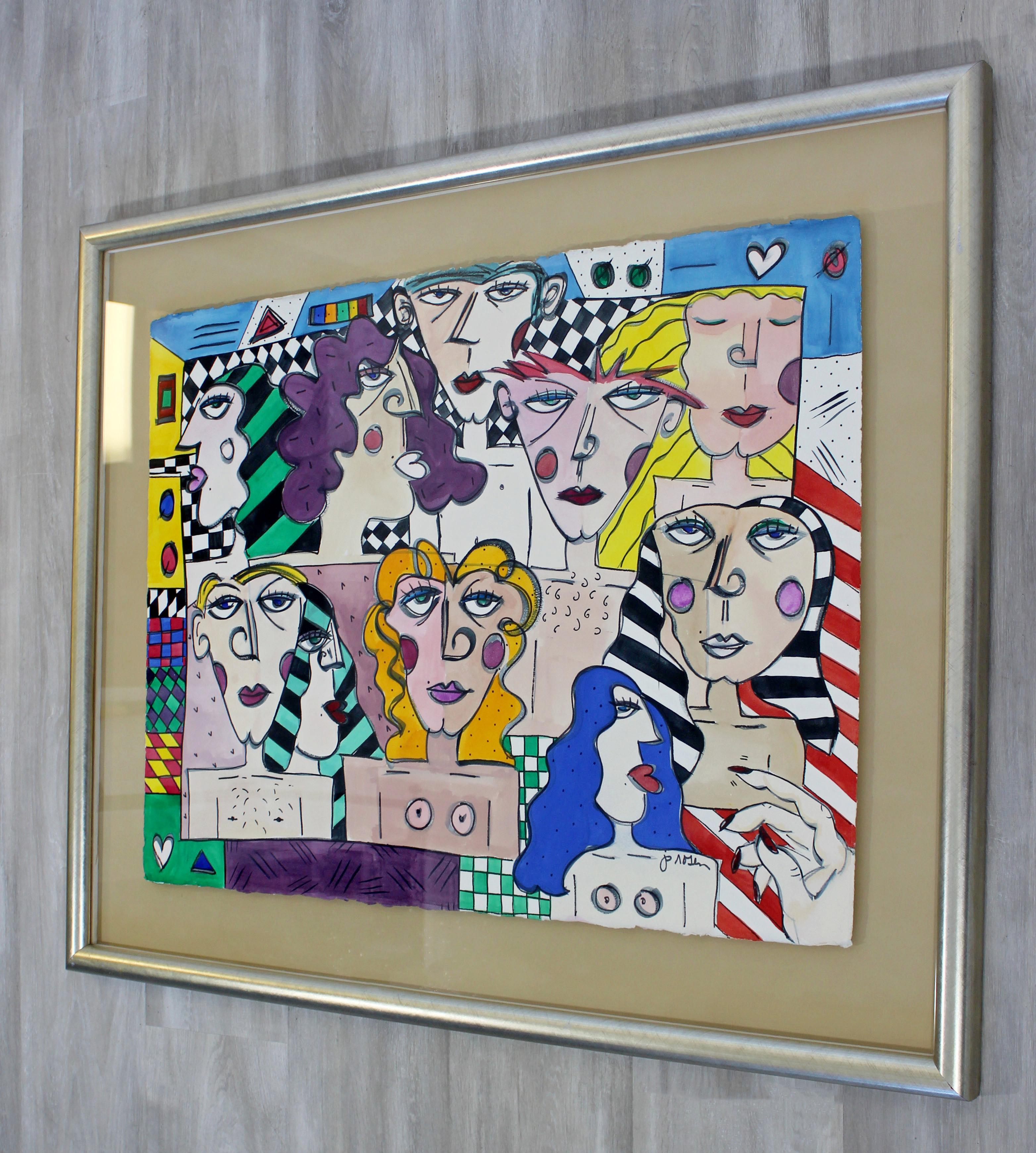 Contemporary Modern Framed Acrylic Portrait Painting Signed Jo Rosen Late 1980s In Good Condition In Keego Harbor, MI
