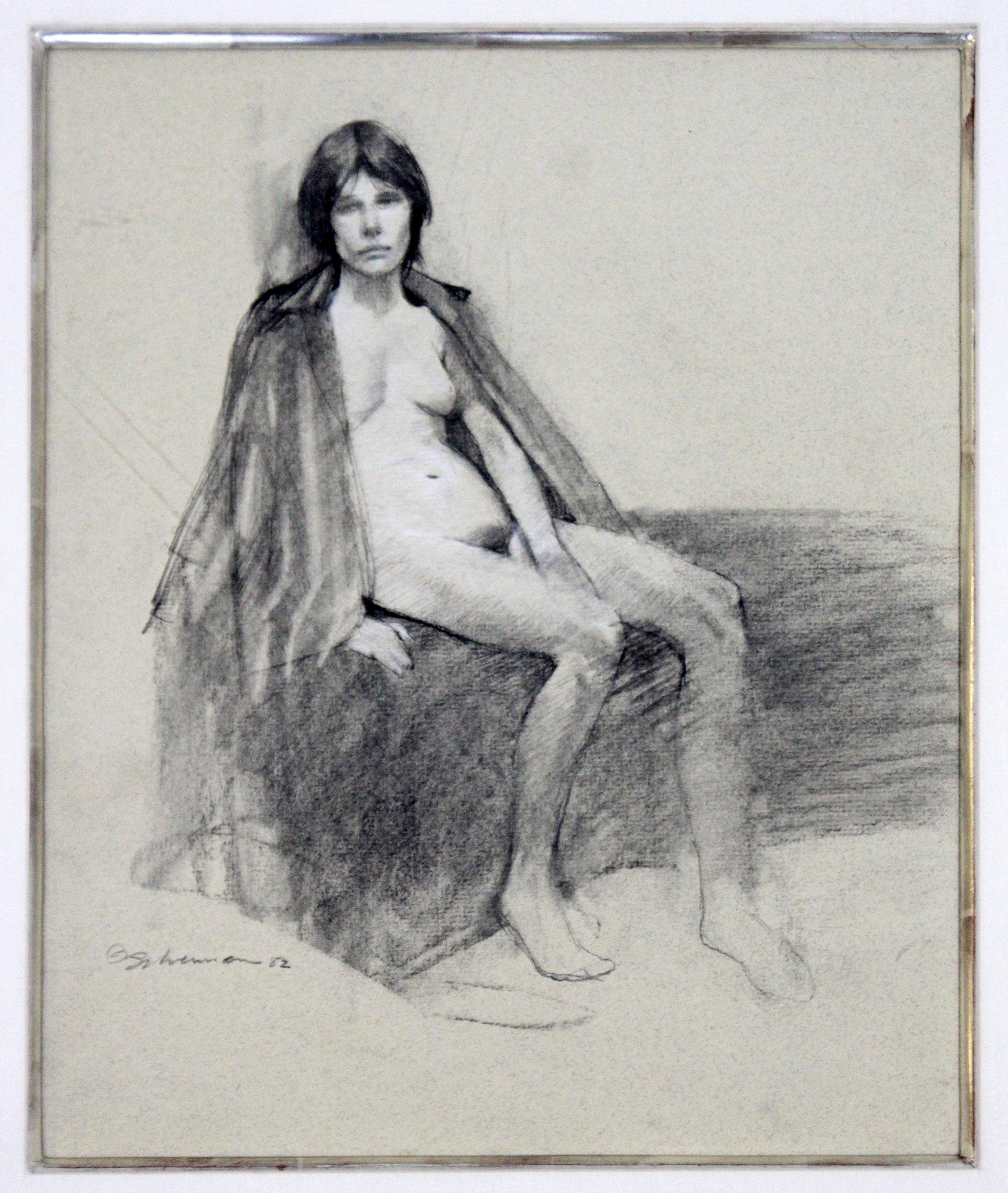 Contemporary Modern Framed Charcoal Drawing Signed Burt Silverman 1982 Nude In Good Condition In Keego Harbor, MI