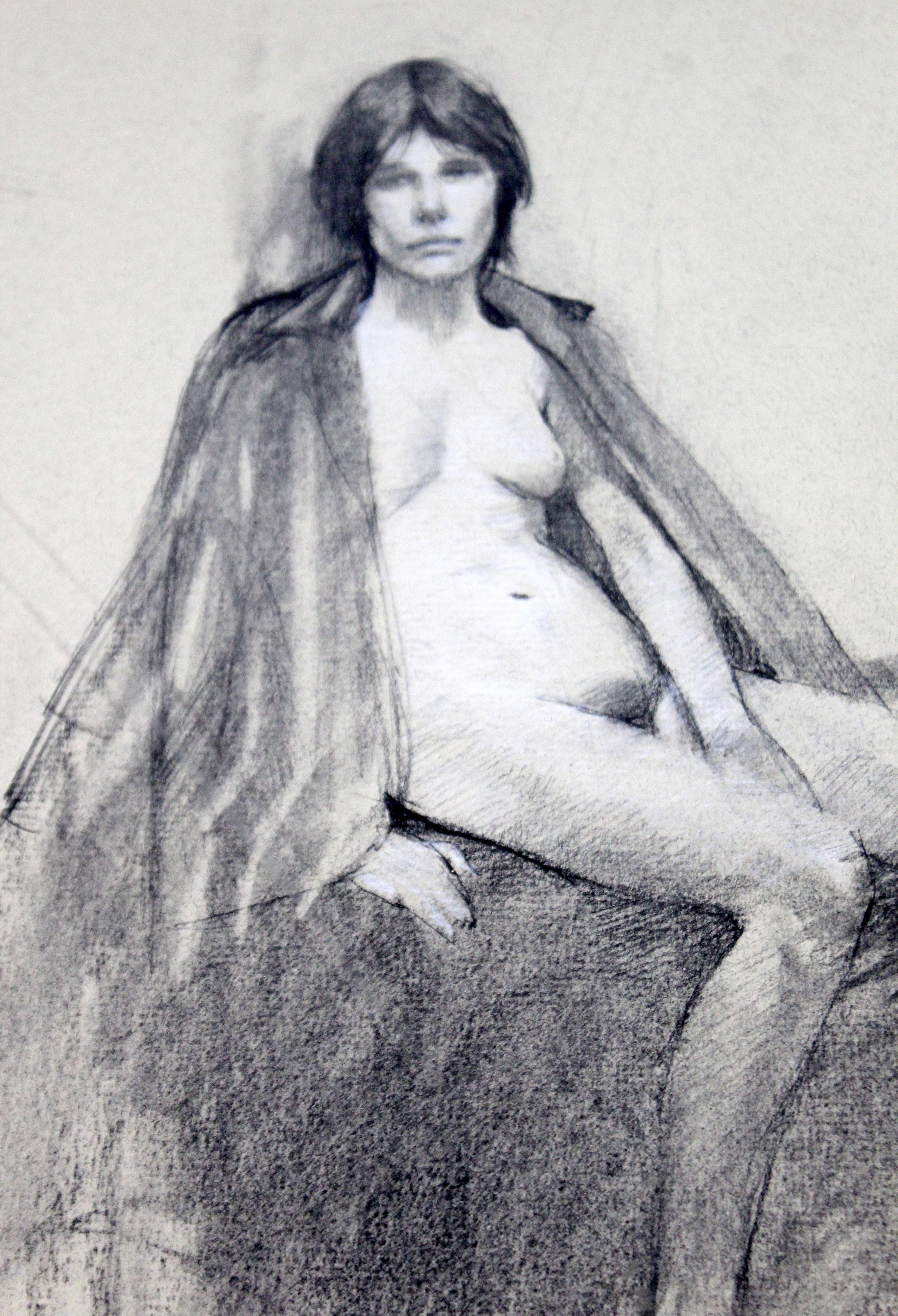 Late 20th Century Contemporary Modern Framed Charcoal Drawing Signed Burt Silverman 1982 Nude
