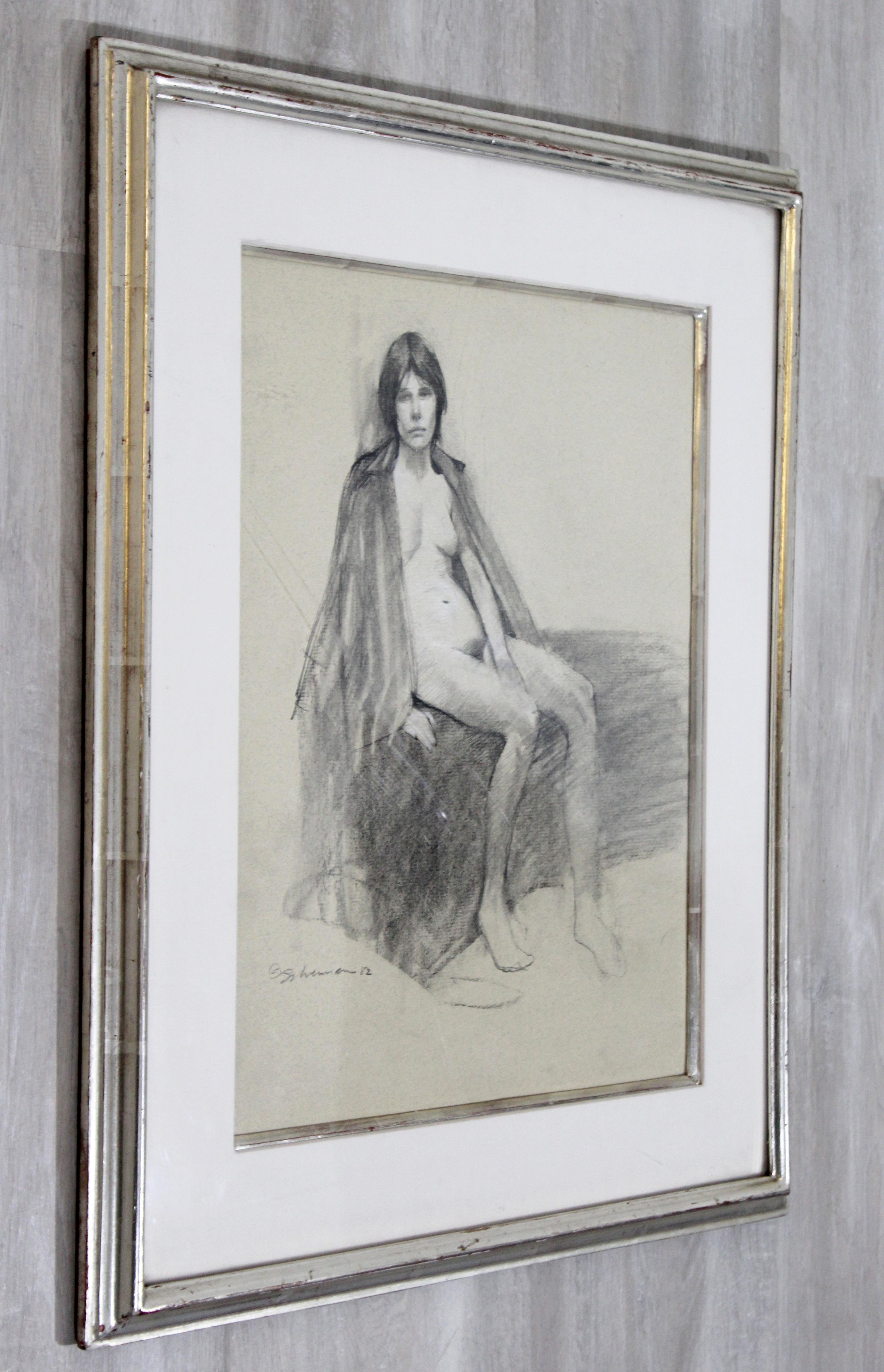 Contemporary Modern Framed Charcoal Drawing Signed Burt Silverman 1982 Nude 1