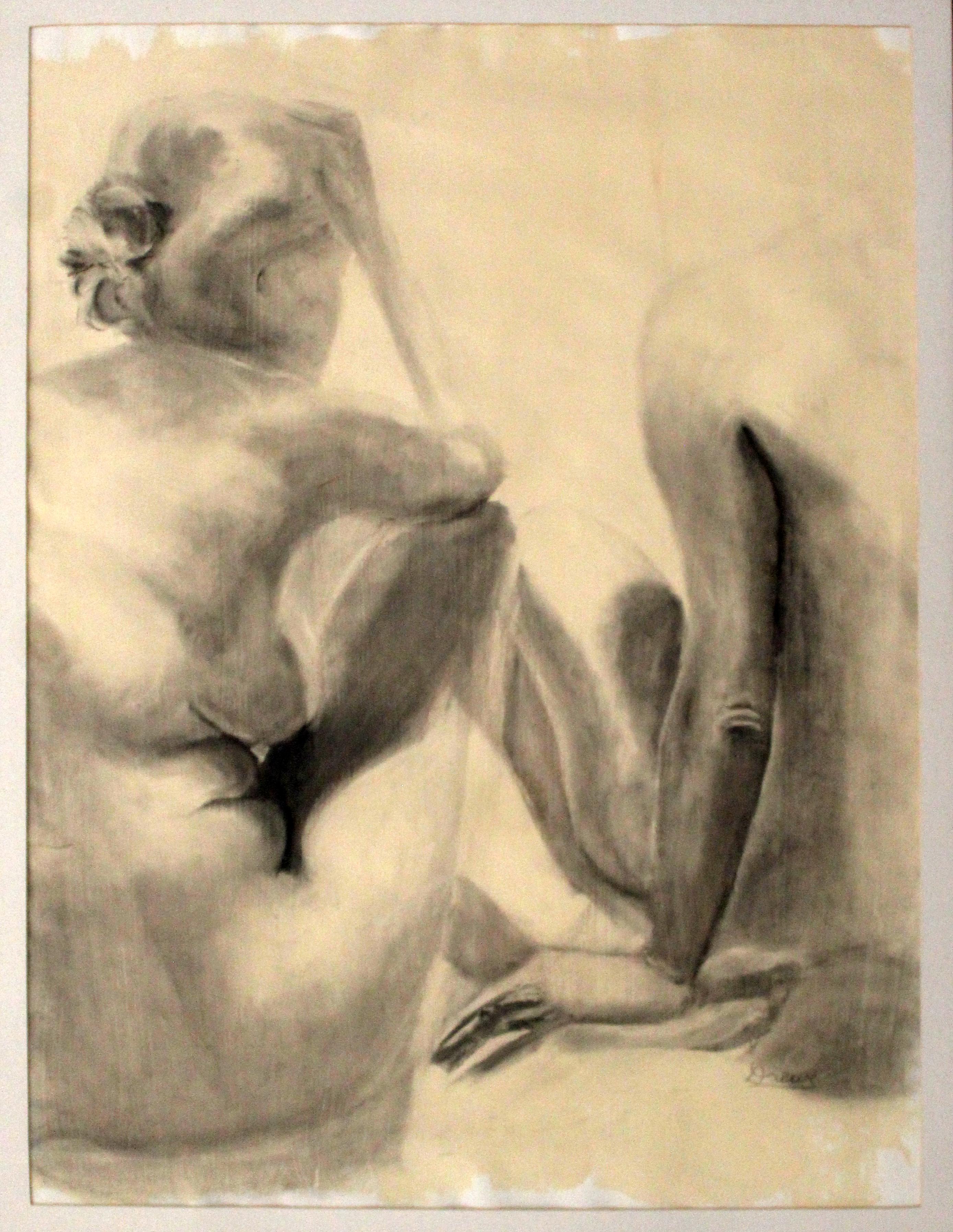 For your consideration is a lovely, framed, original charcoal drawing, of two seated nudes, signed Drewe. In excellent condition. The dimensions are 41