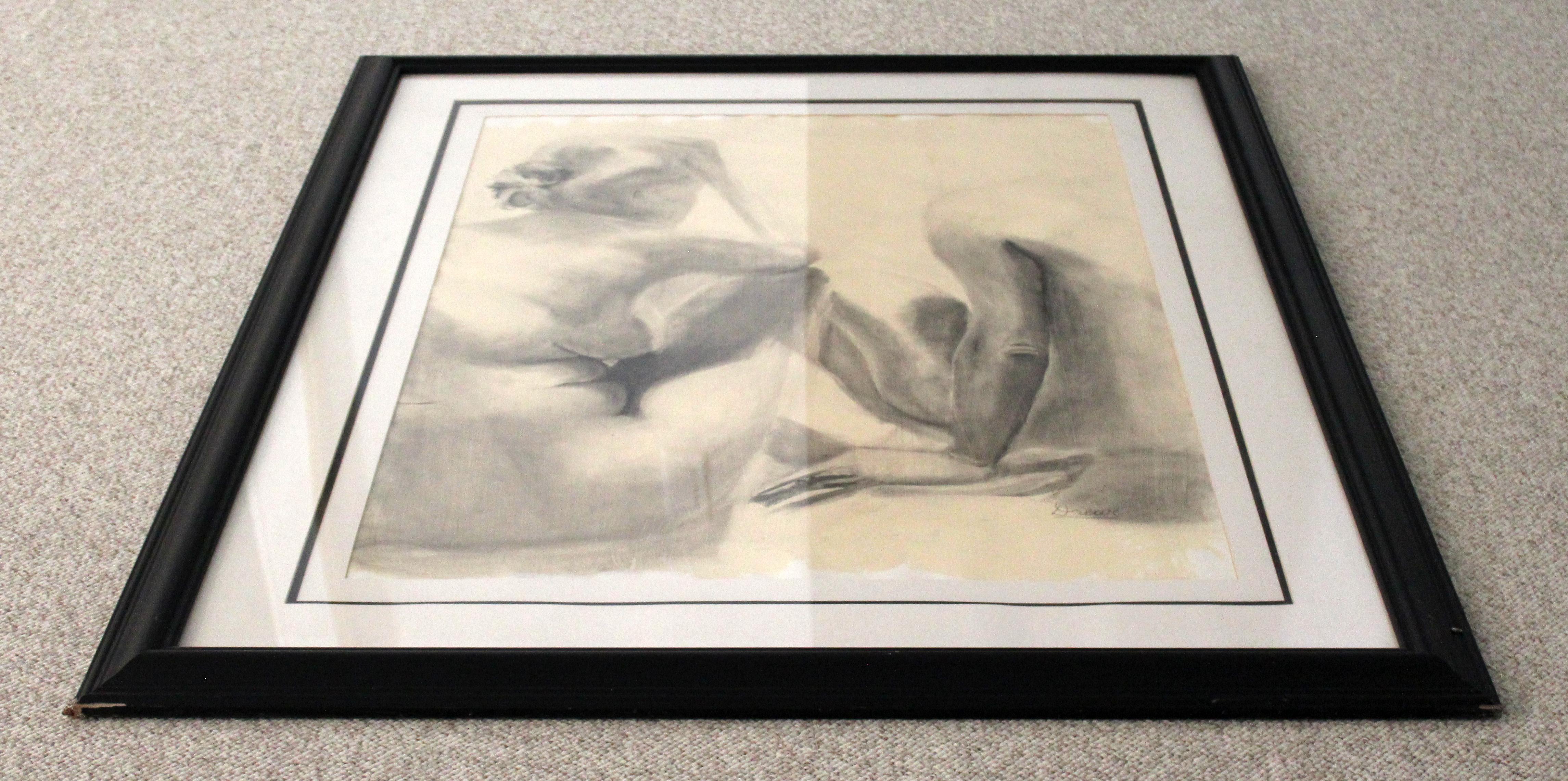 Contemporary Modern Framed Charcoal Drawing Signed Drewe Nude Figure Drawing In Good Condition For Sale In Keego Harbor, MI